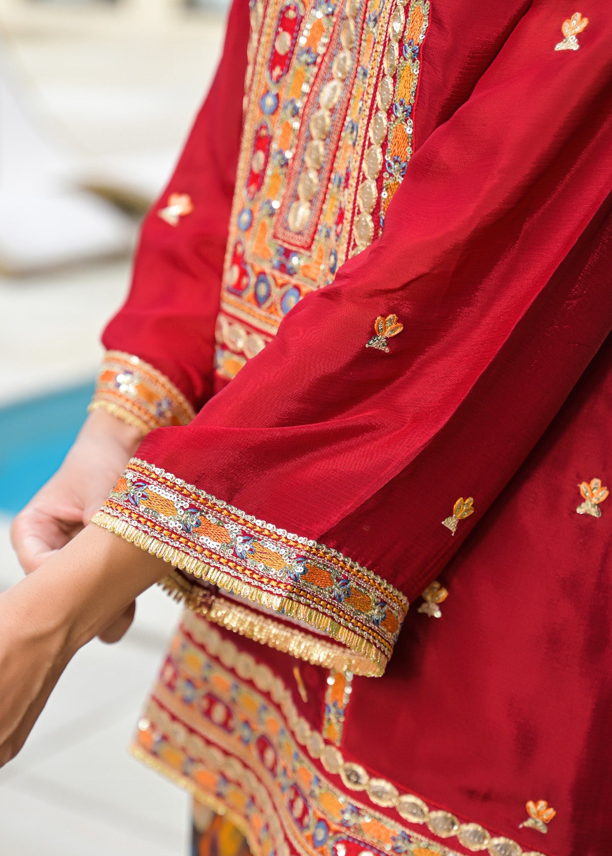 Red Chinon Embroidered Straight Cut Suit Set | Bairaas