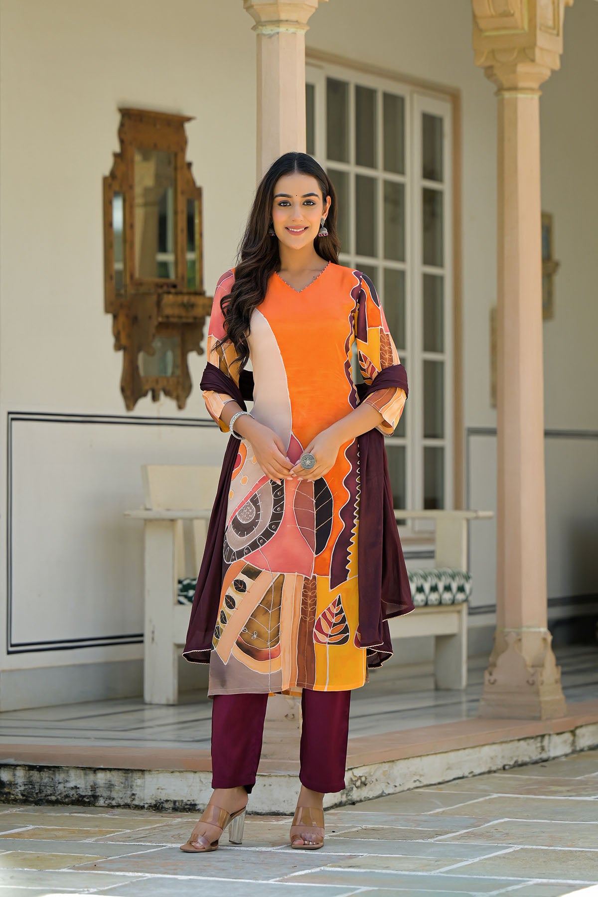Orange Muslin Printed Straight-Cut Suit
