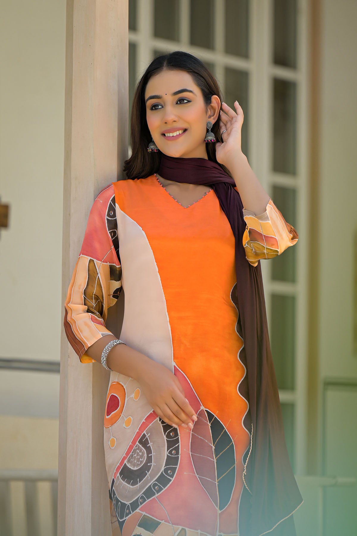Orange Muslin Printed Straight-Cut Suit