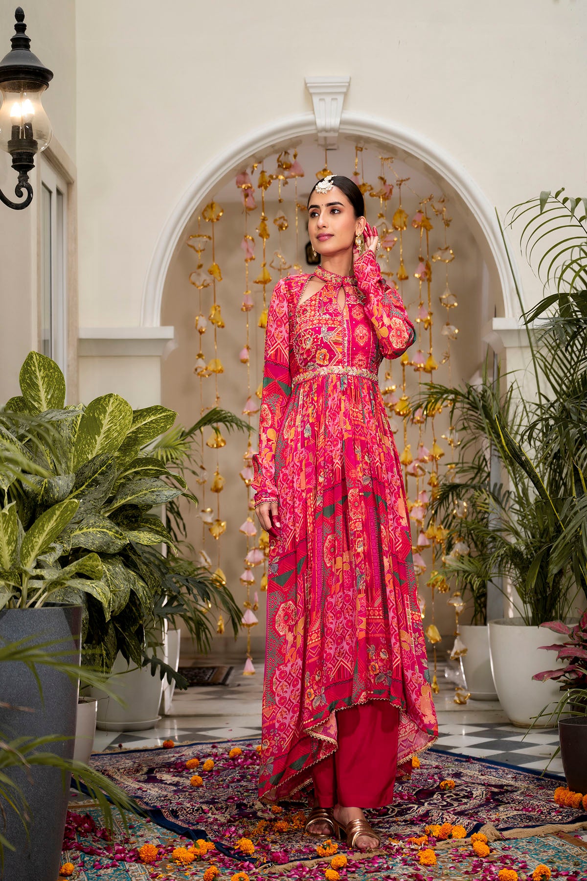 Pink Multicolor Floral Chinon Handwork Anarkali Suit