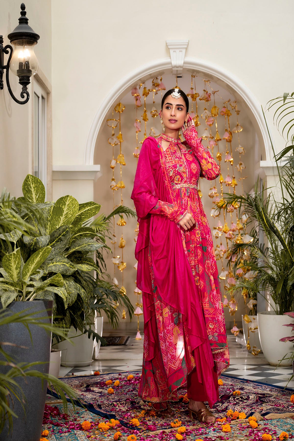 Pink Multicolor Floral Chinon Handwork Anarkali Suit