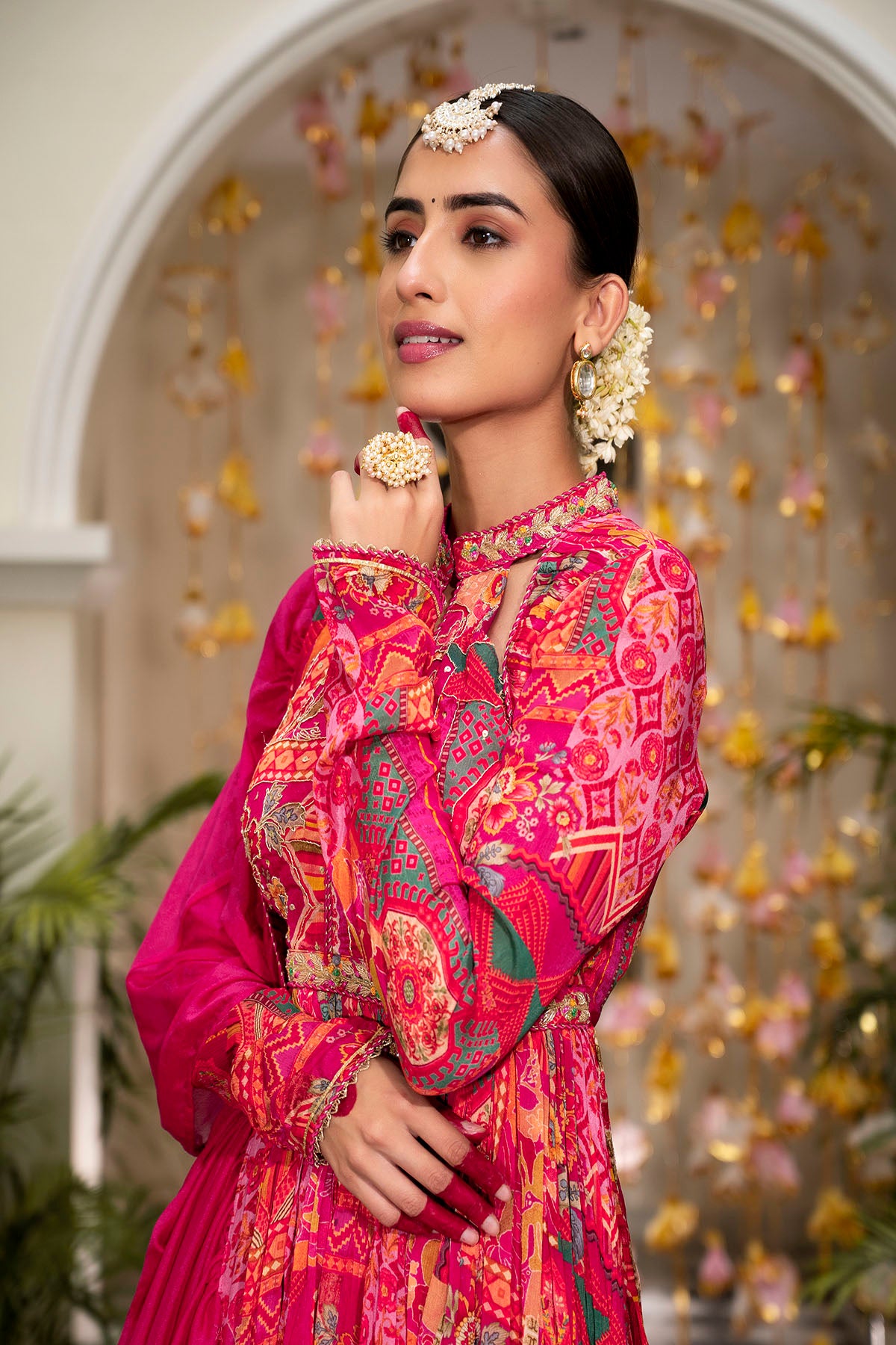 Pink Multicolor Floral Chinon Handwork Anarkali Suit