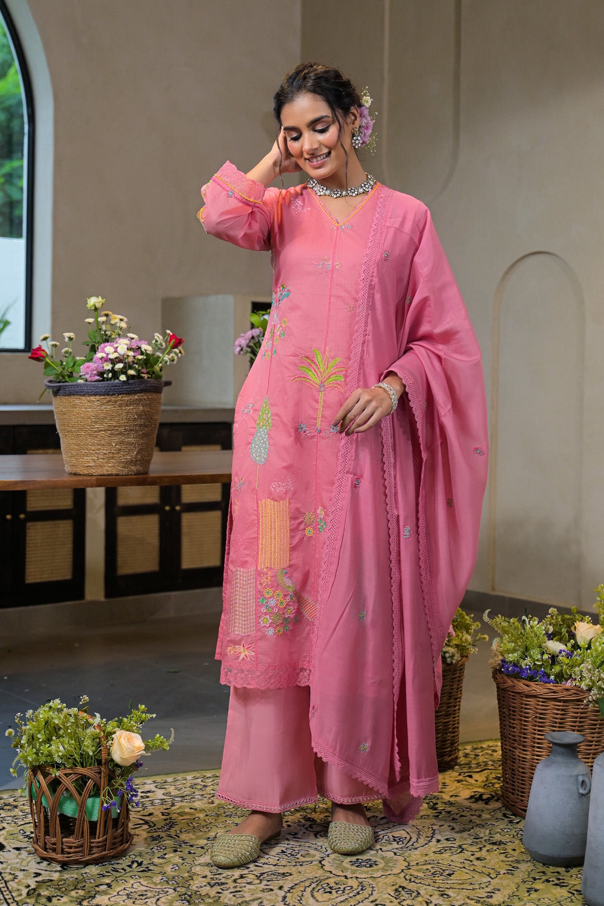 Pink Mul Chanderi Embroidered Straight Cut Suit Set | Bairaas