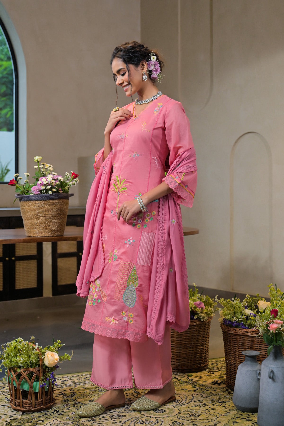 Pink Mul Chanderi Embroidered Straight Cut Suit Set | Bairaas