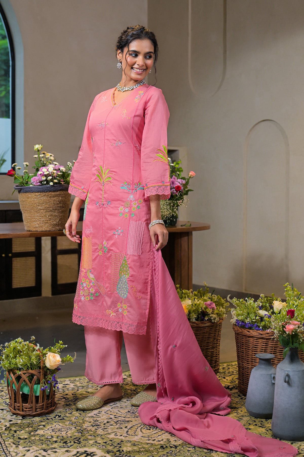 Pink Mul Chanderi Embroidered Straight Cut Suit Set | Bairaas