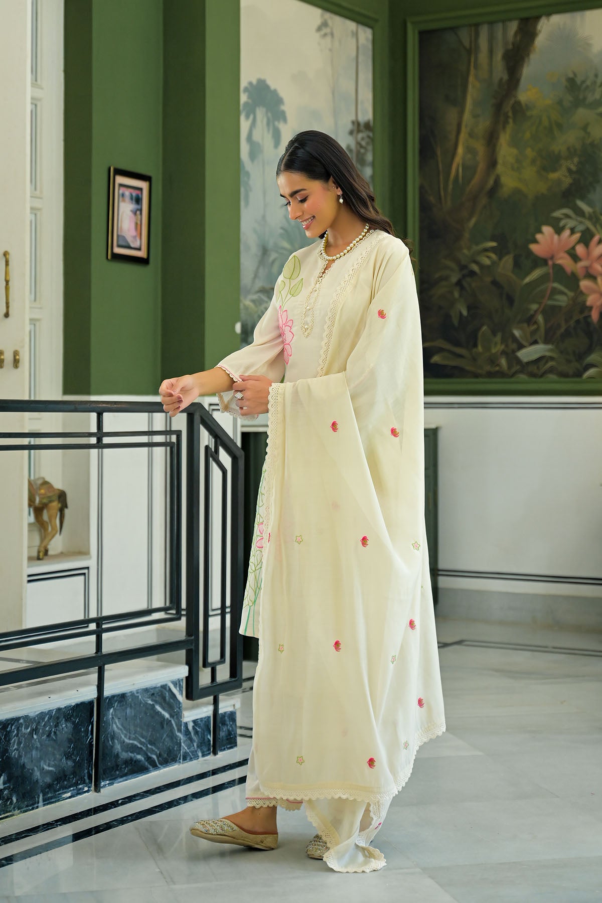 Cream White Chanderi Embroidered Pakistani Suit