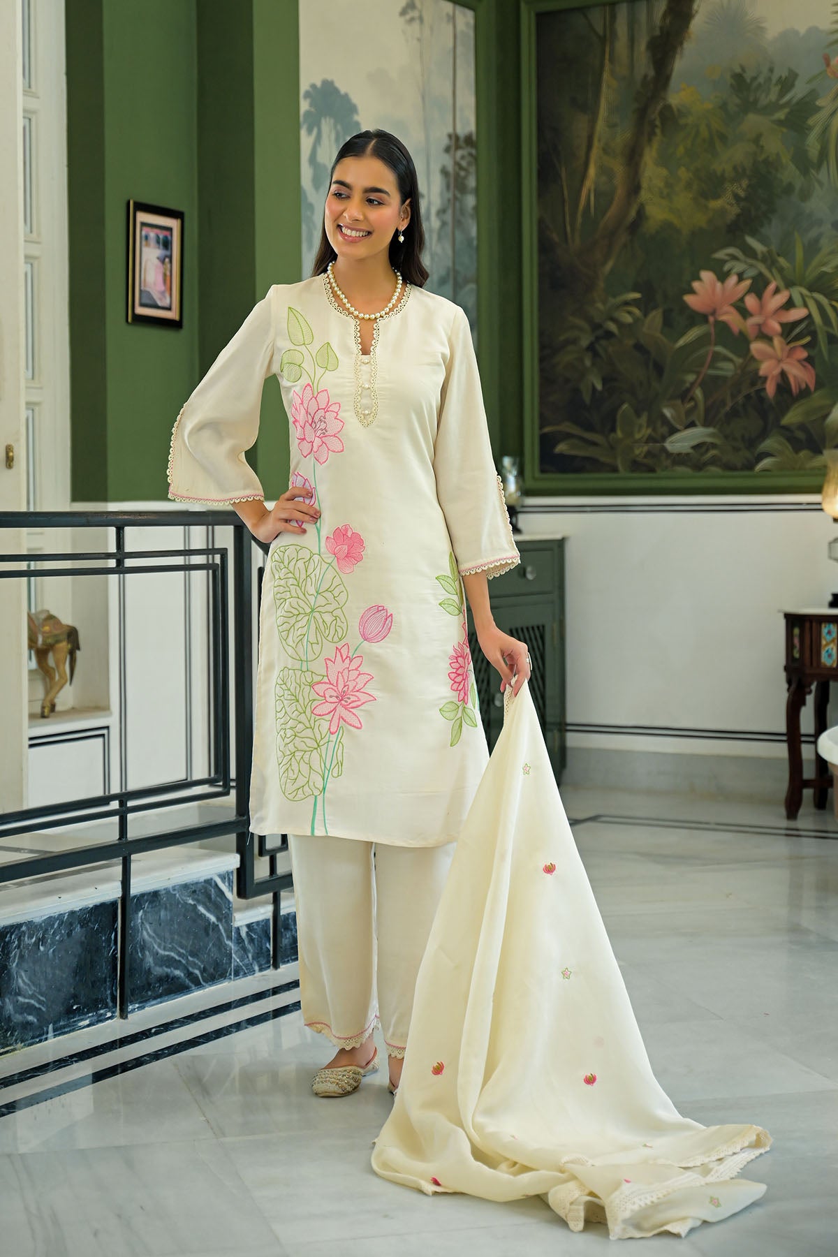Cream White Chanderi Embroidered Pakistani Suit