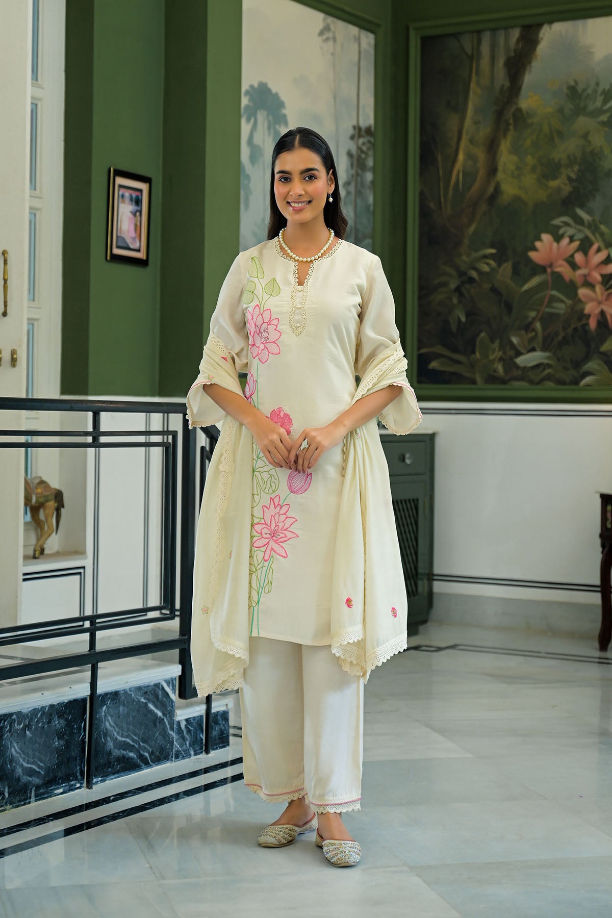 Cream White Chanderi Embroidered Pakistani Suit