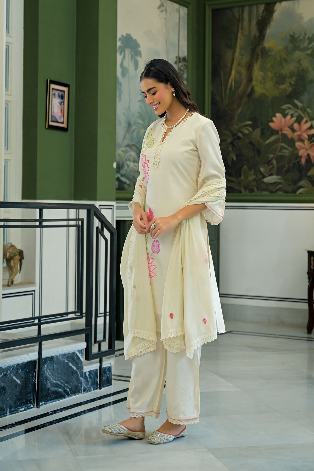 Cream White Chanderi Embroidered Pakistani Suit