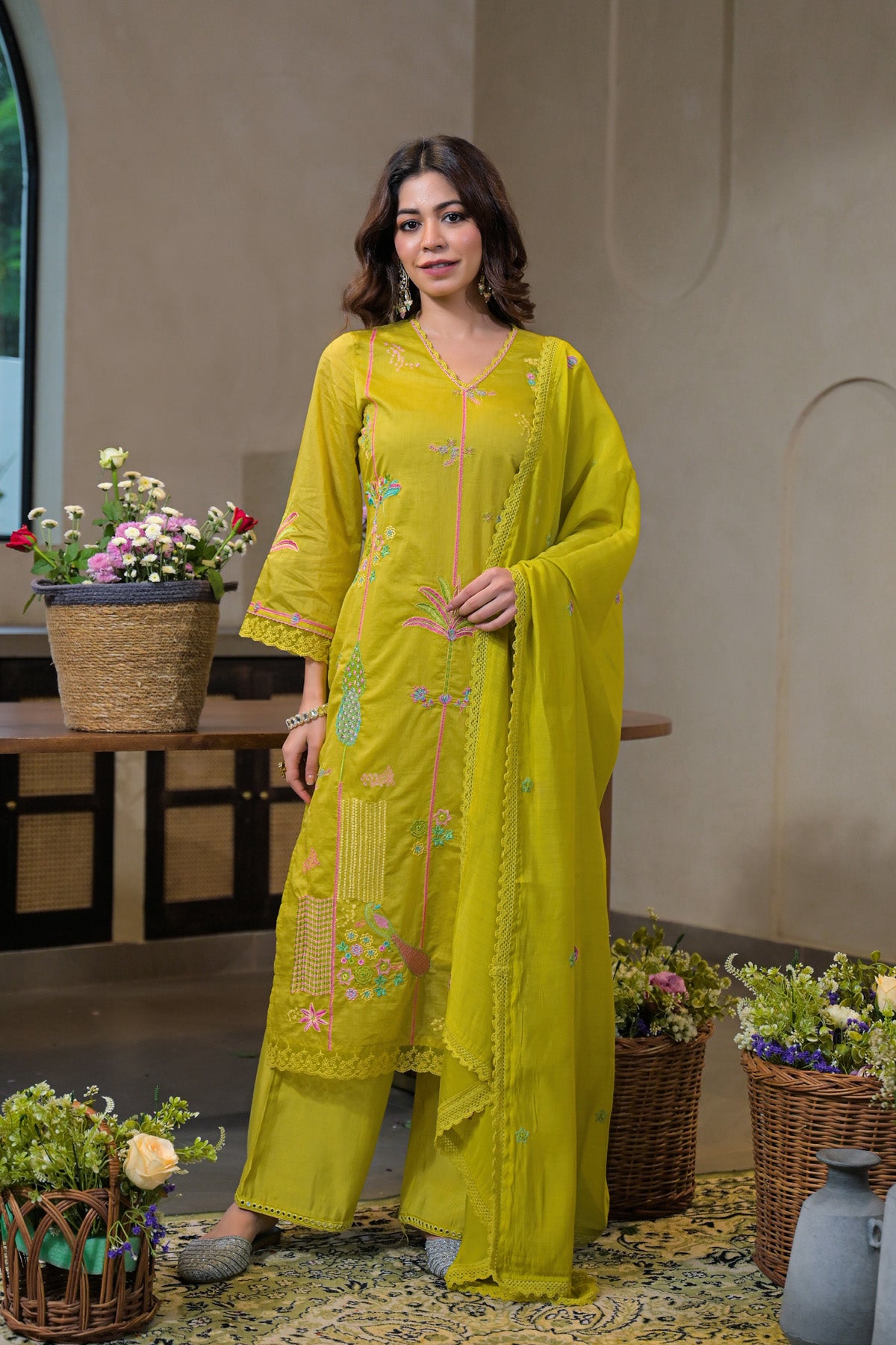 Green Mul Chanderi Embroidered Straight Cut Suit Set | Bairaas