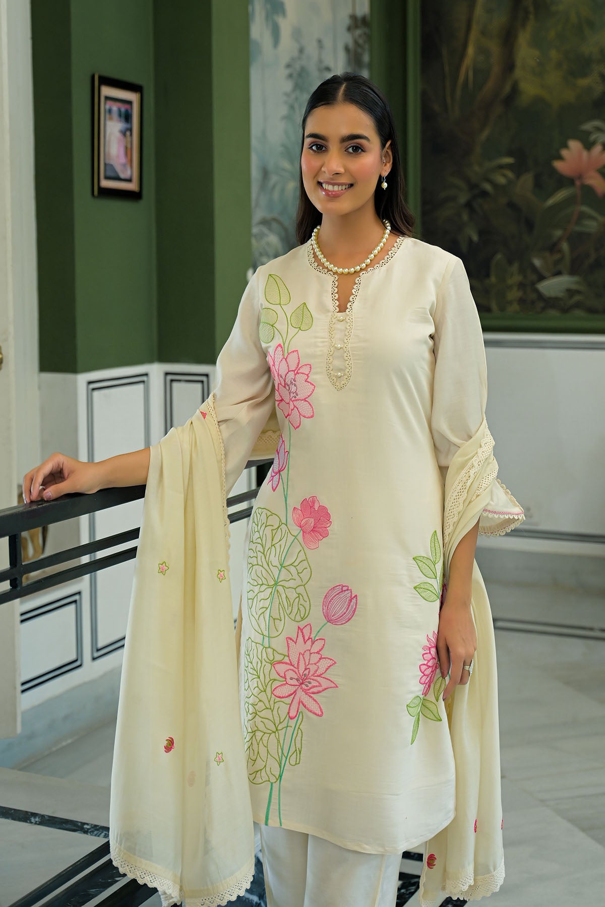 Cream White Chanderi Embroidered Pakistani Suit