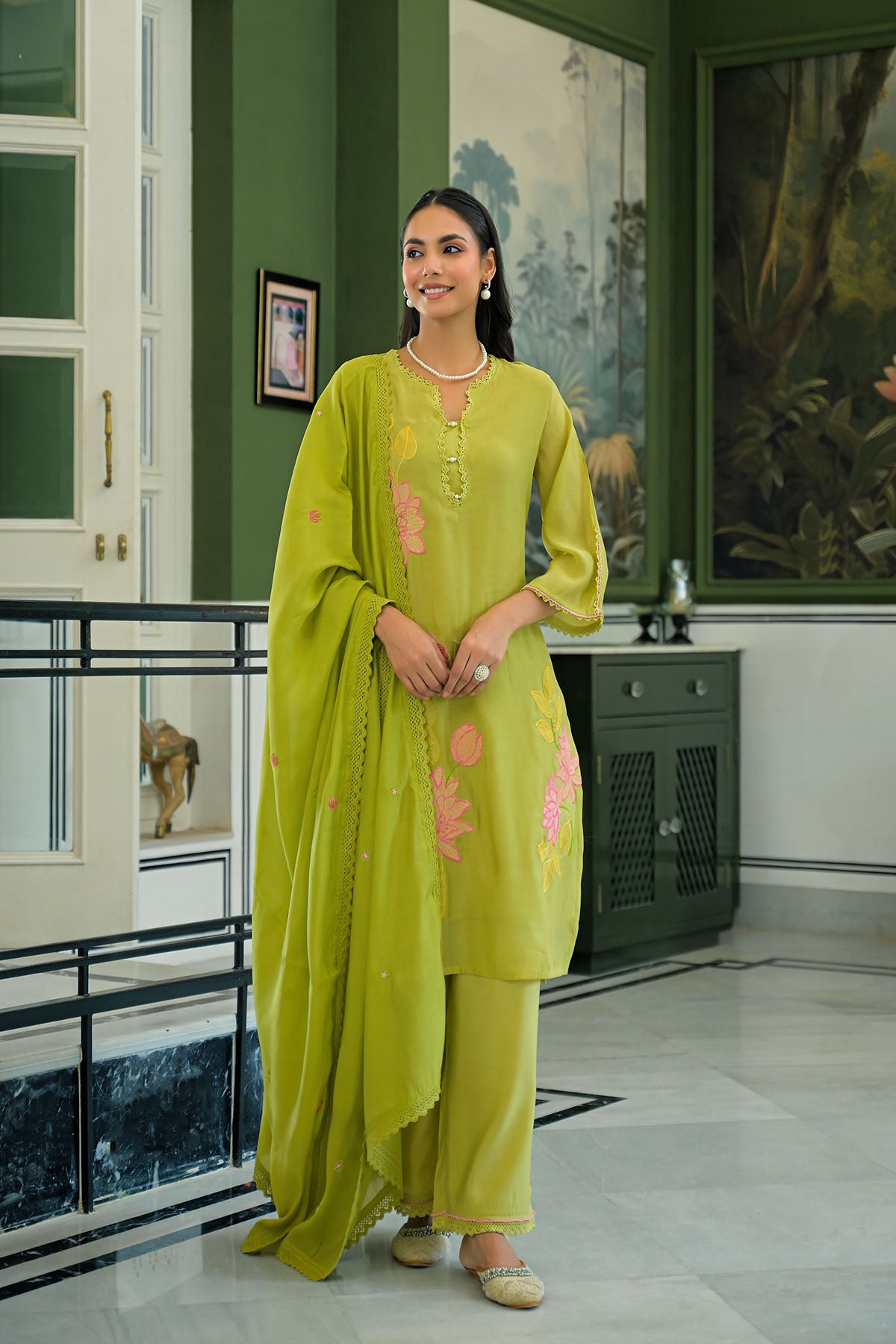 Green Chanderi Embroidered Pakistani Suit