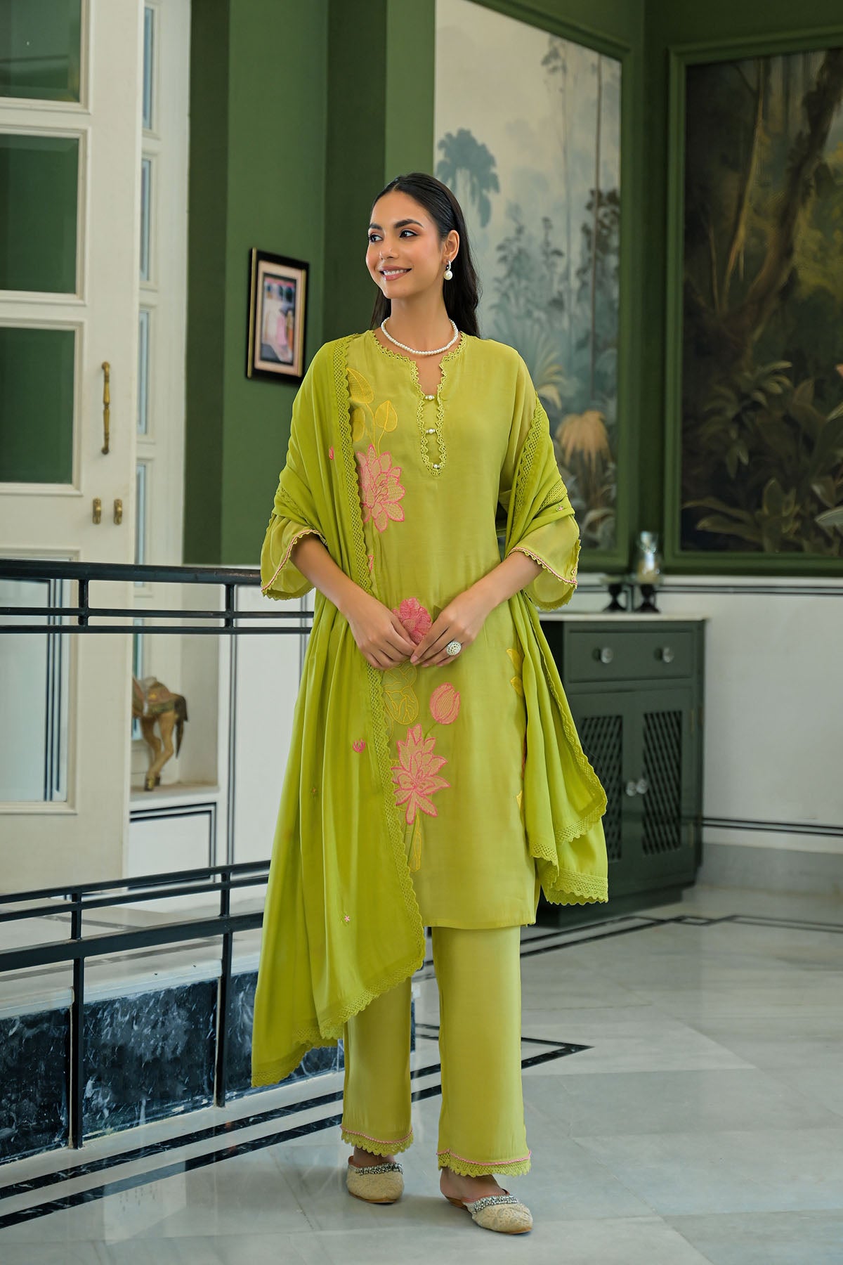 Green Chanderi Embroidered Pakistani Suit