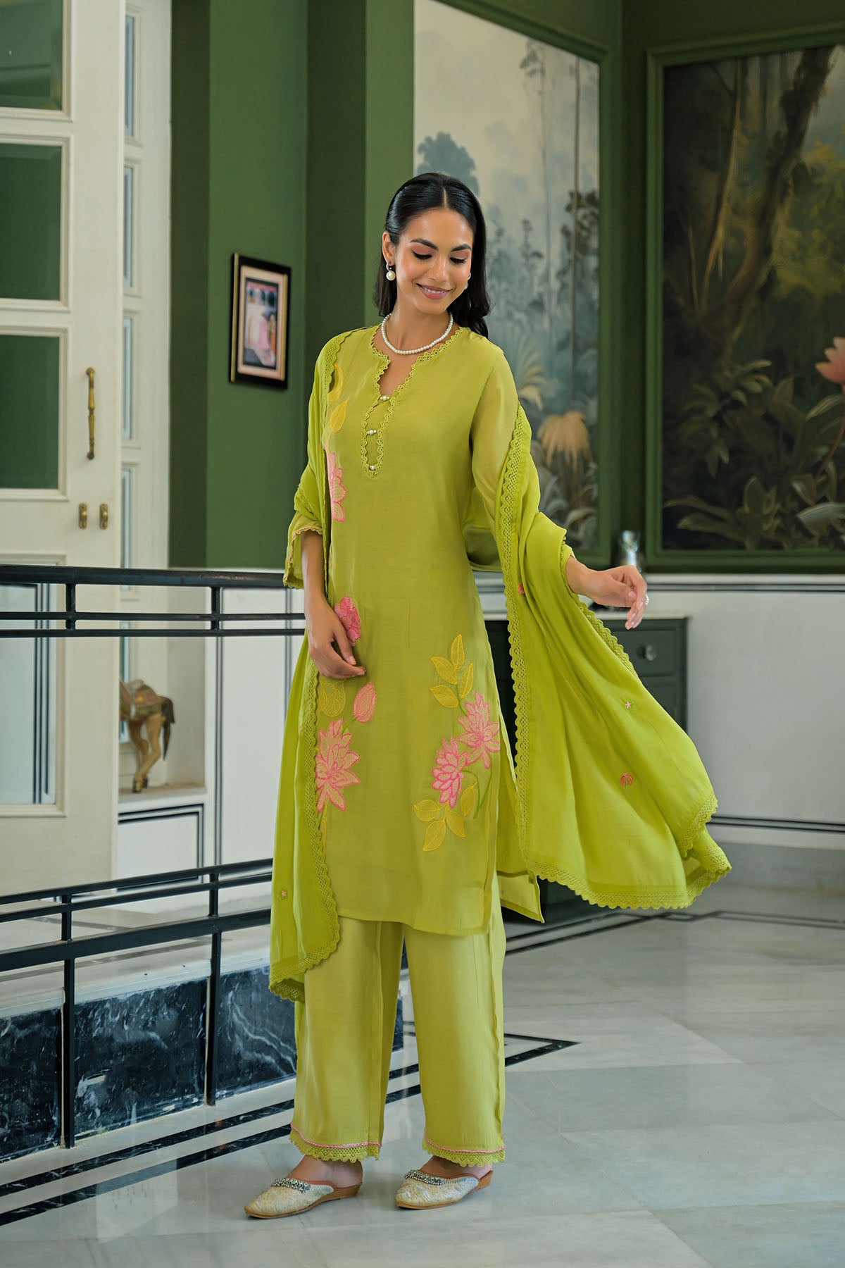 Green Chanderi Embroidered Pakistani Suit