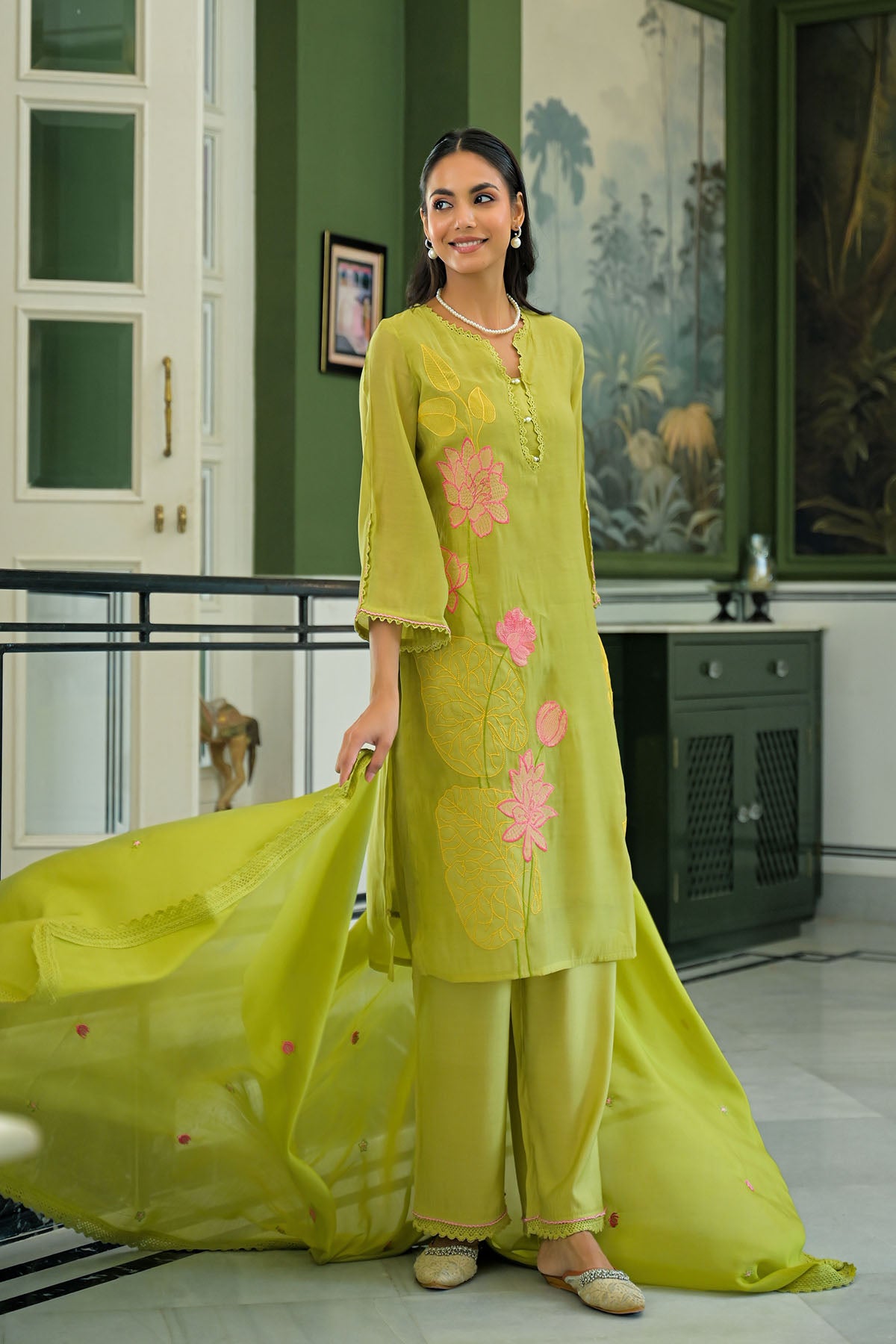 Green Chanderi Embroidered Pakistani Suit