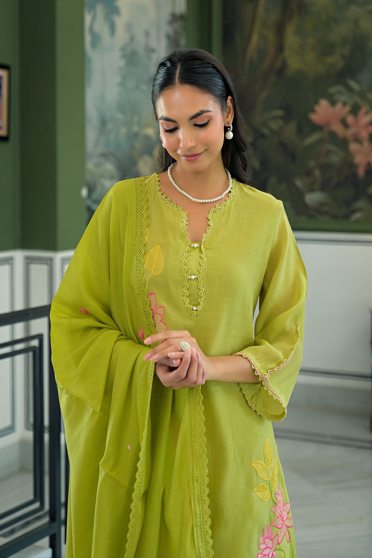 Green Chanderi Embroidered Pakistani Suit