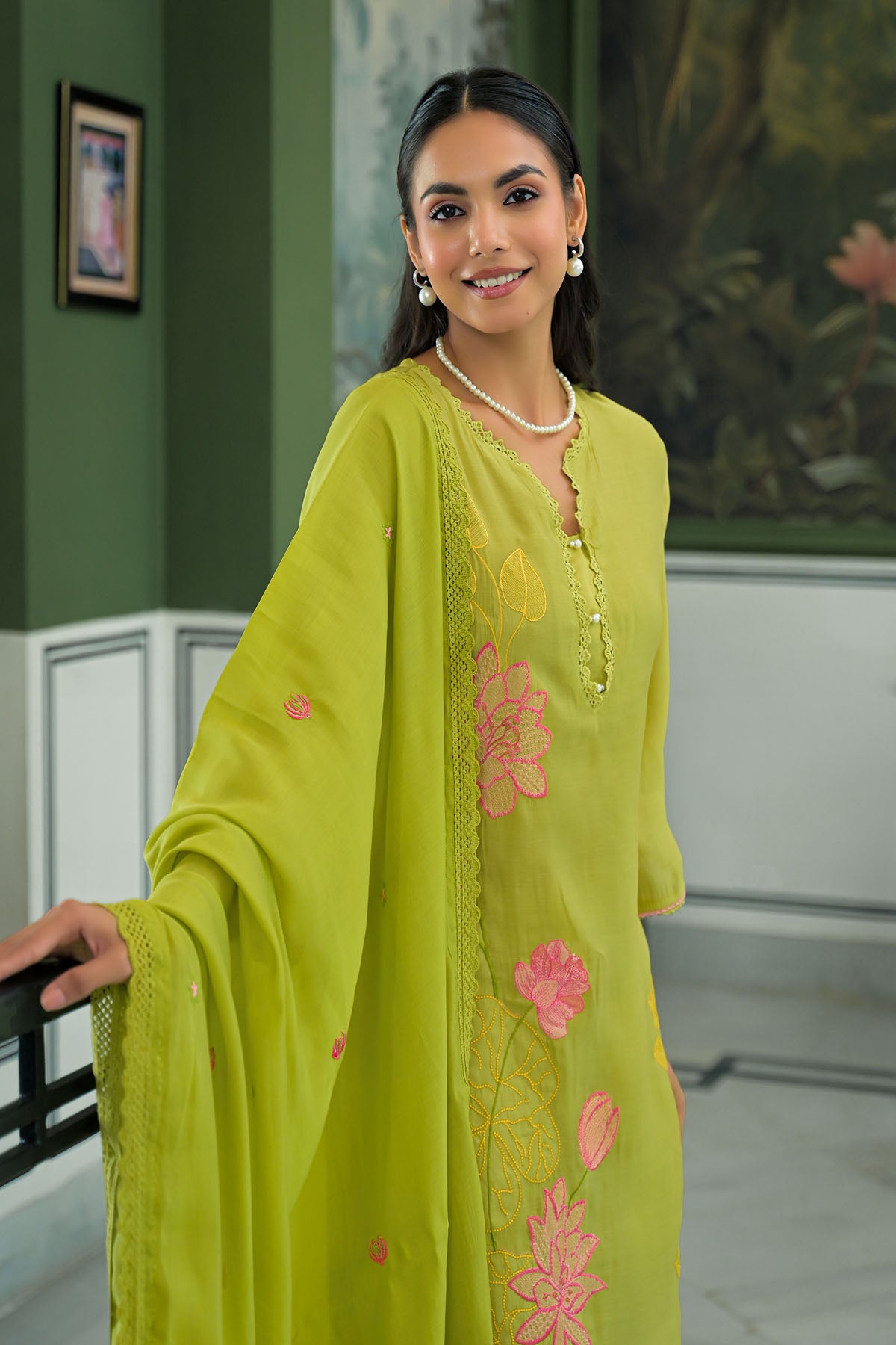 Green Chanderi Embroidered Pakistani Suit