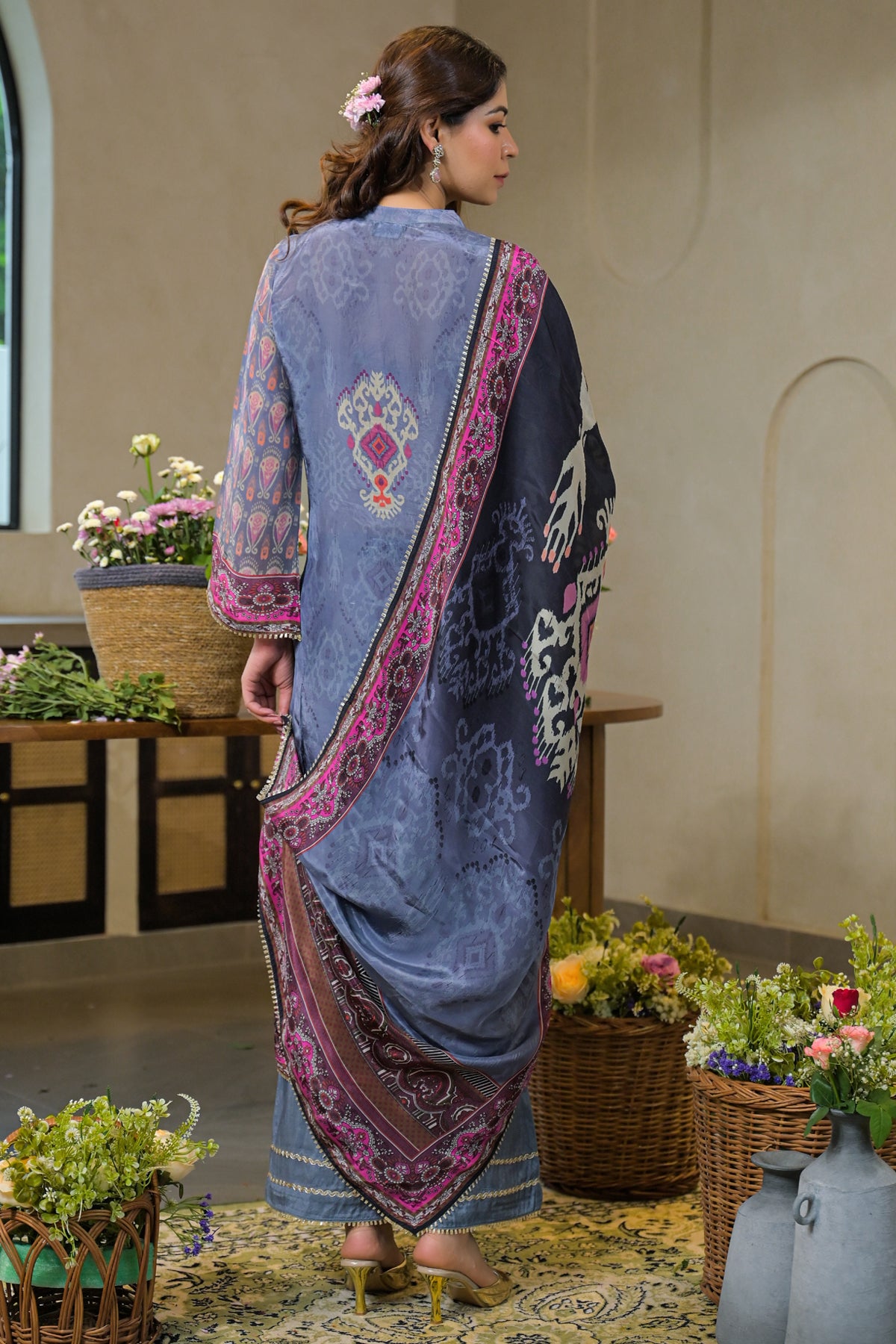 Blue Crepe Silk Embroidered Kurta Set With Dupatta