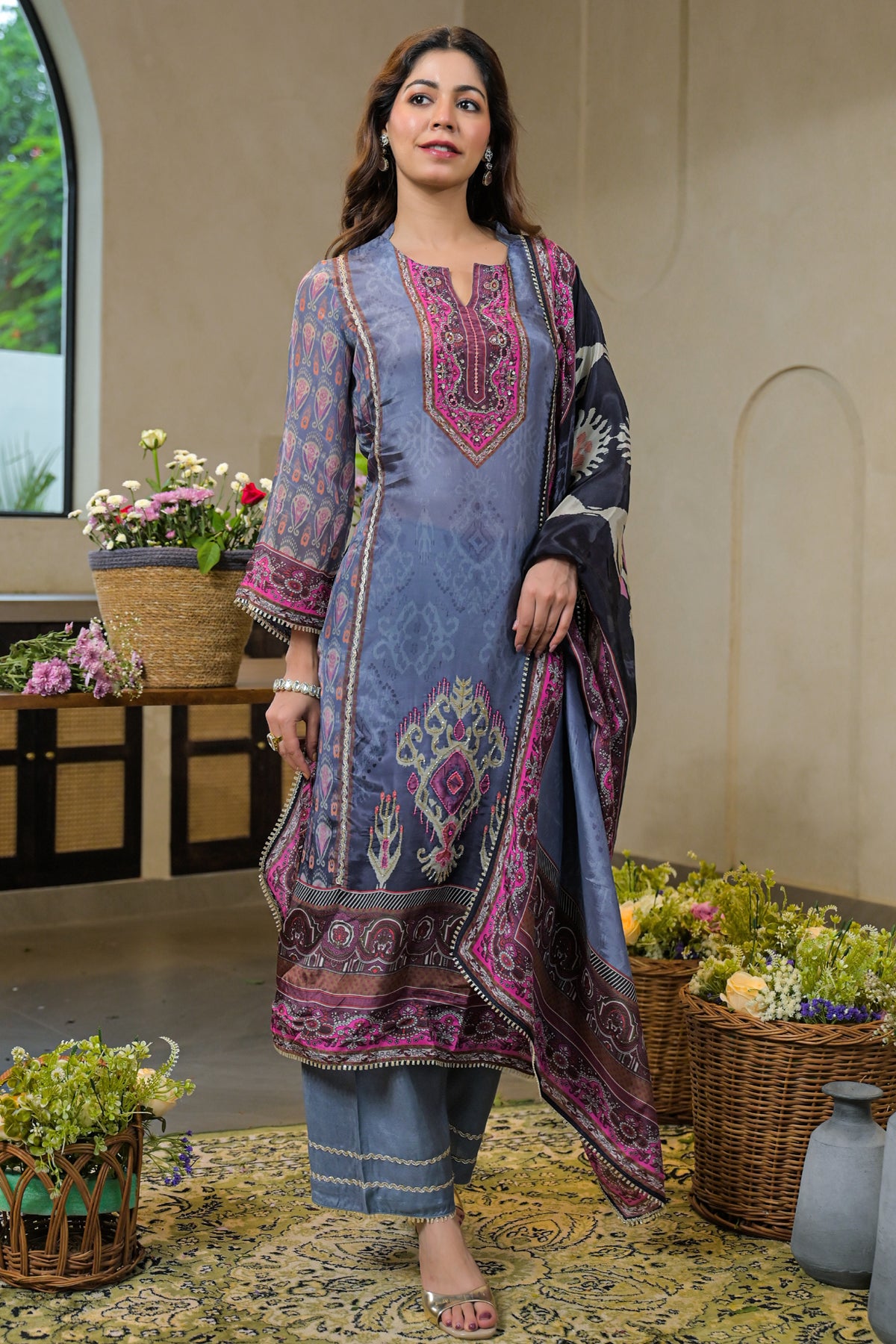 Blue Crepe Silk Embroidered Kurta Set With Dupatta