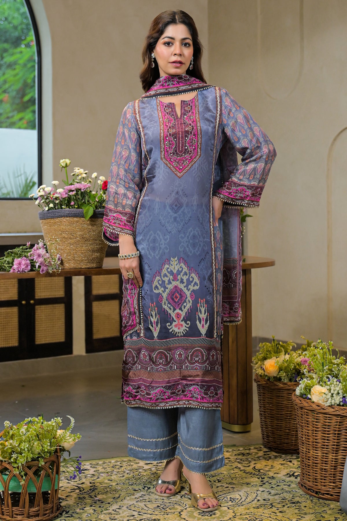 Blue Crepe Silk Embroidered Kurta Set With Dupatta