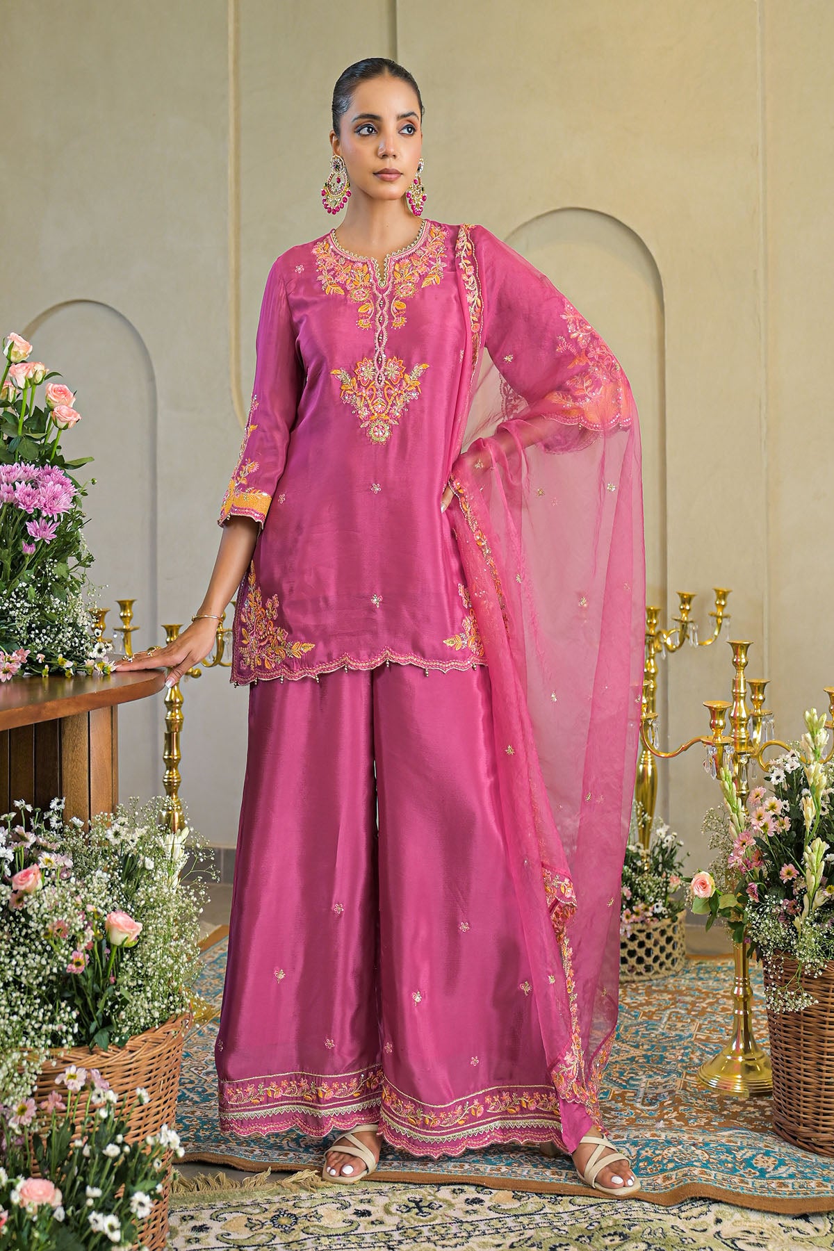 Pink Chinon Embroidered Suit Set
