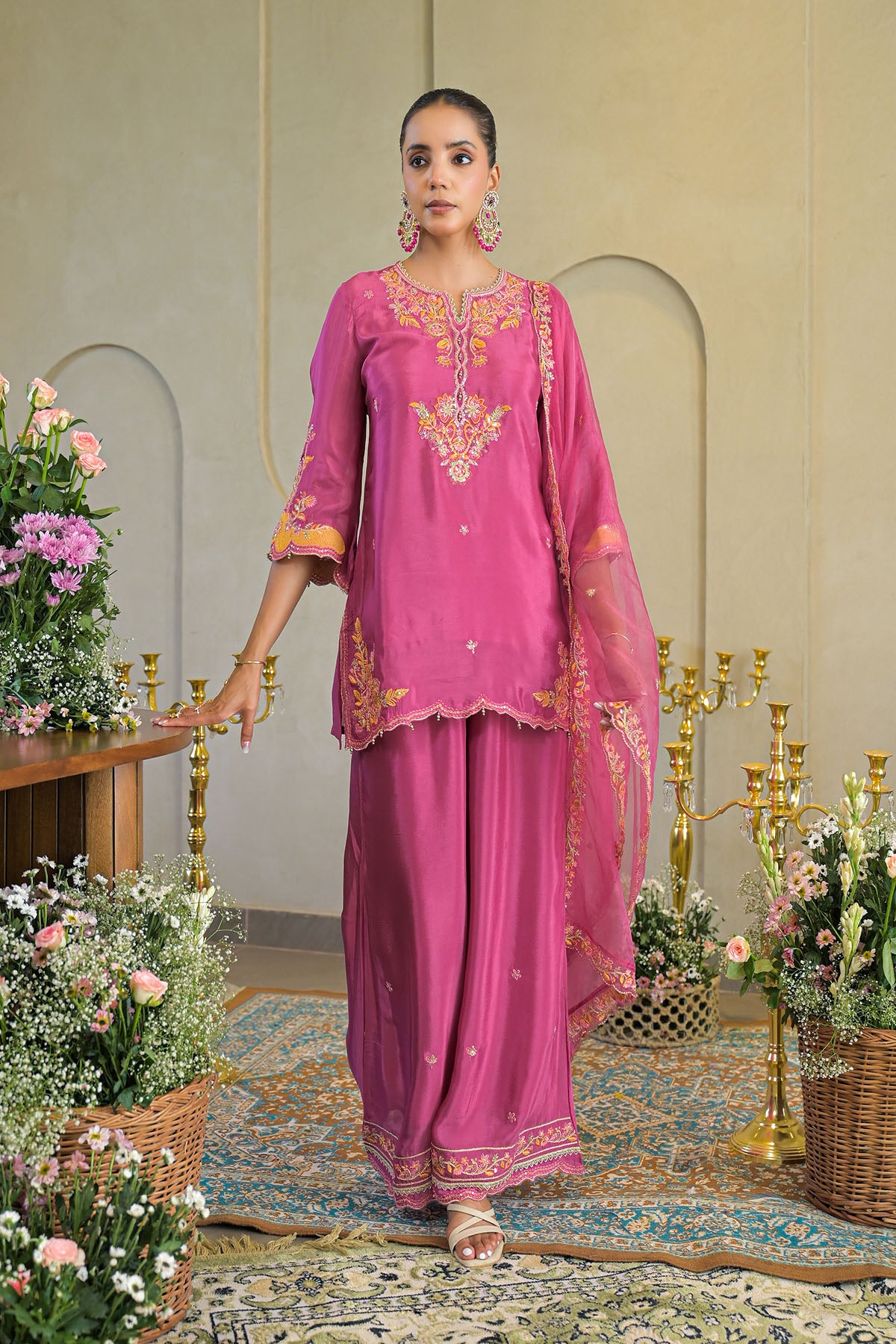 Pink Chinon Embroidered Suit Set