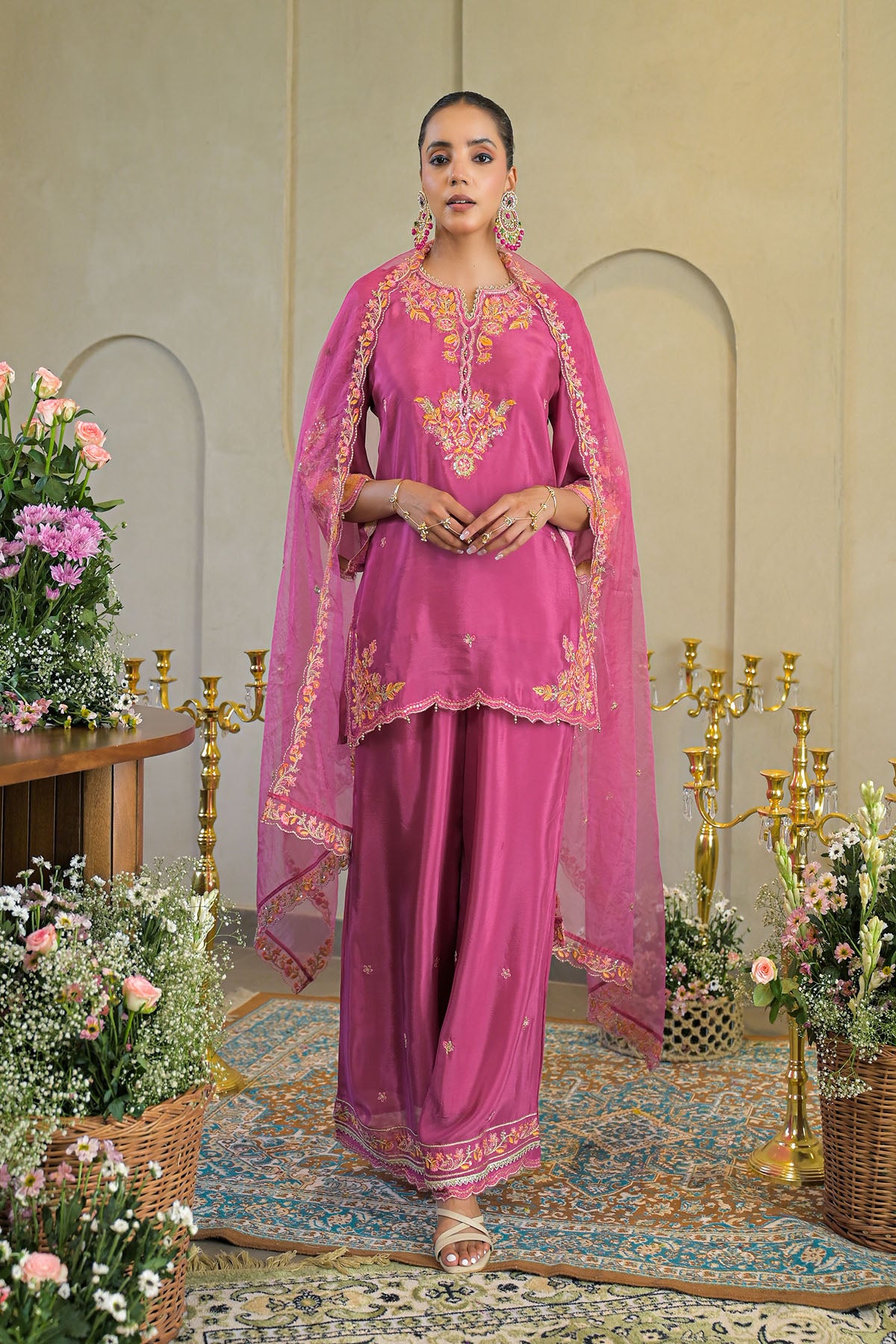 Pink Chinon Embroidered Suit Set