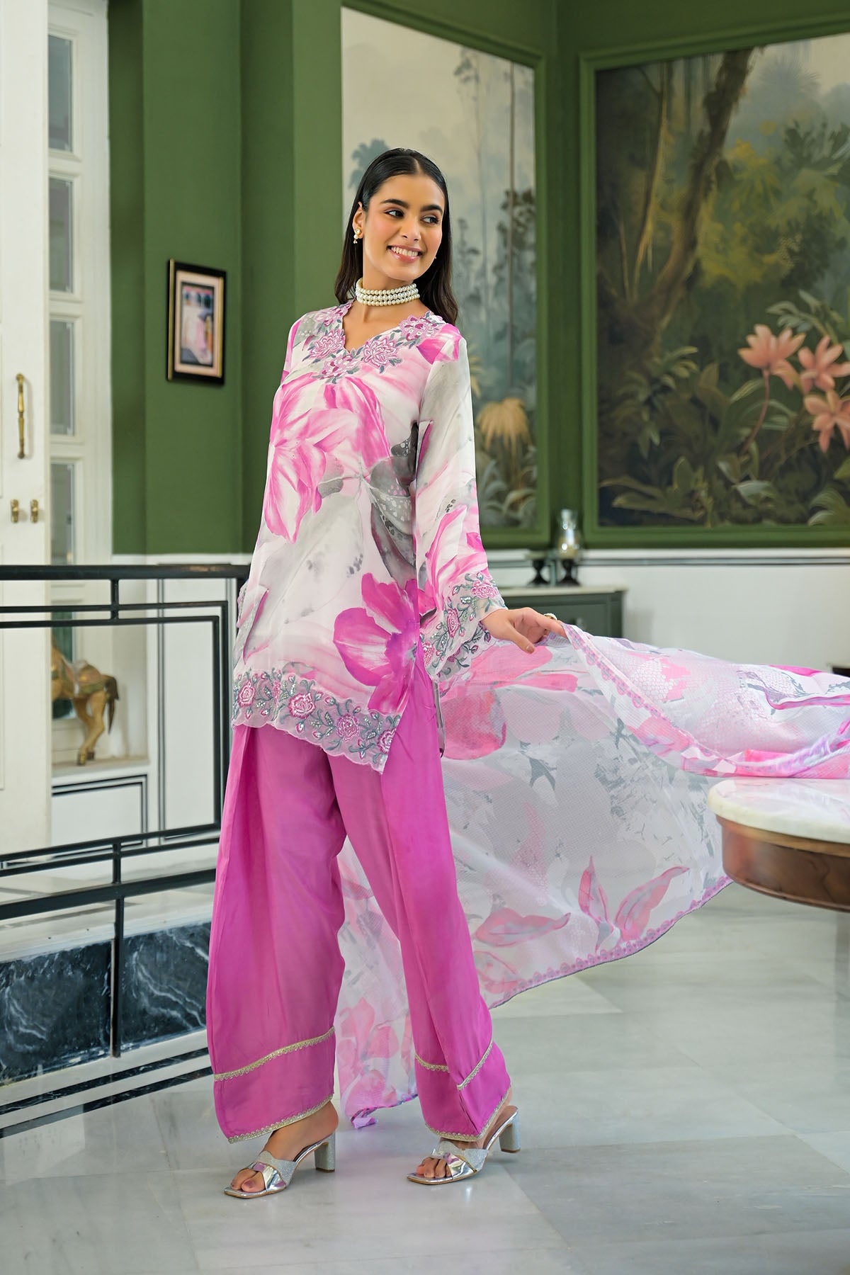 Pink Chinon Embroidered Farsi Salwar Set