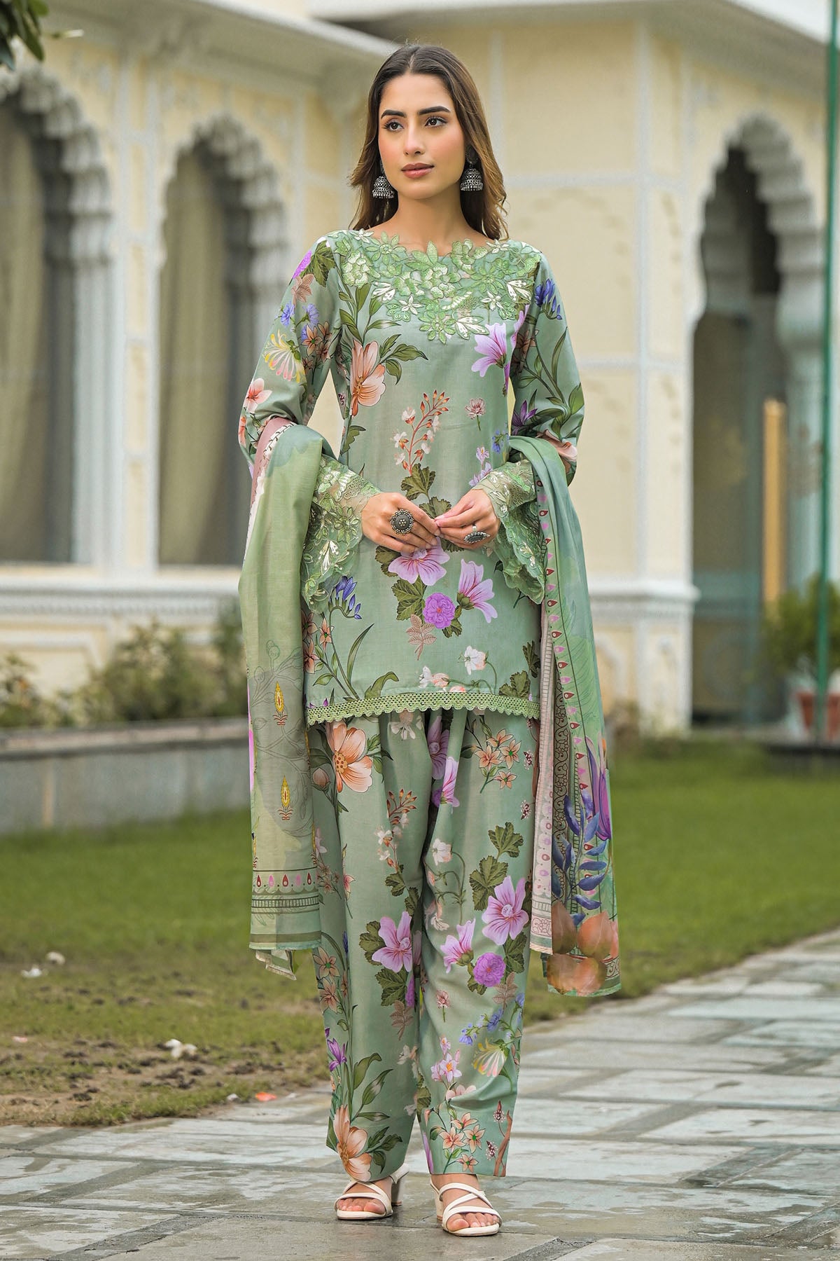 Green Solid Cotton Embroidered Farsi Salwar Set
