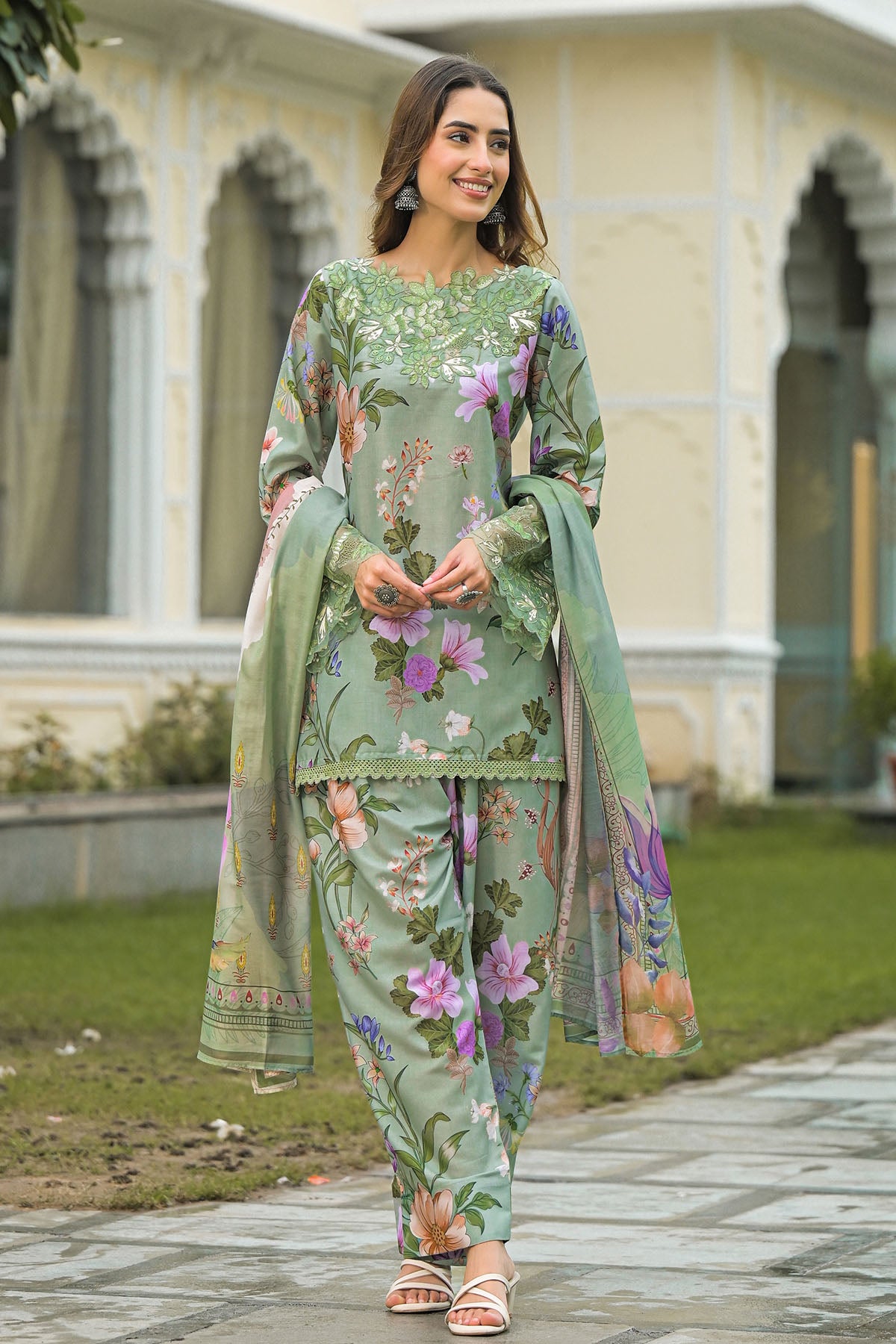 Green Solid Cotton Embroidered Farsi Salwar Set