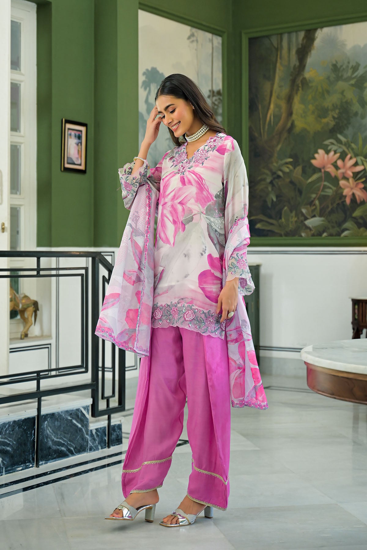 Pink Chinon Embroidered Farsi Salwar Set