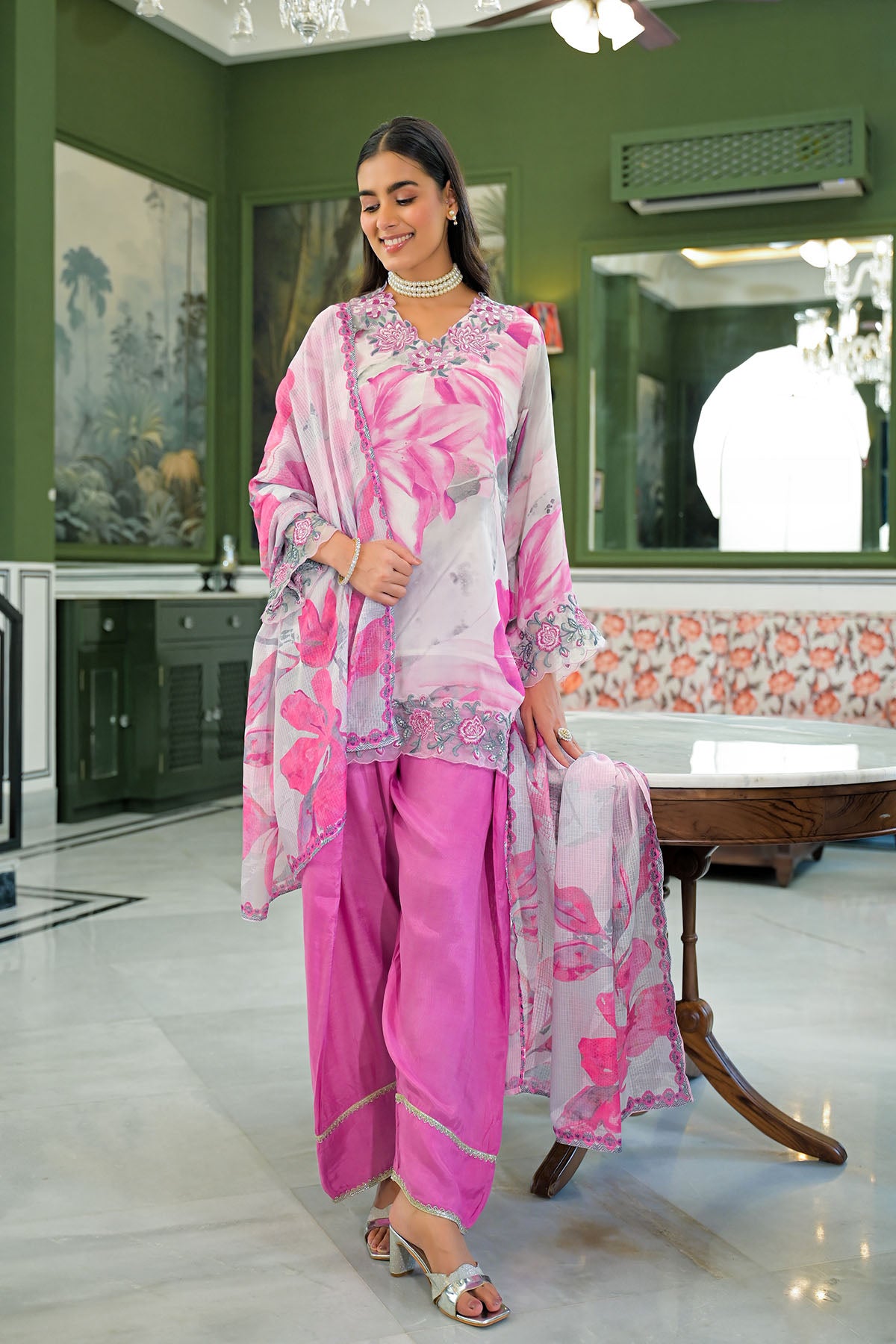 Pink Chinon Embroidered Farsi Salwar Set