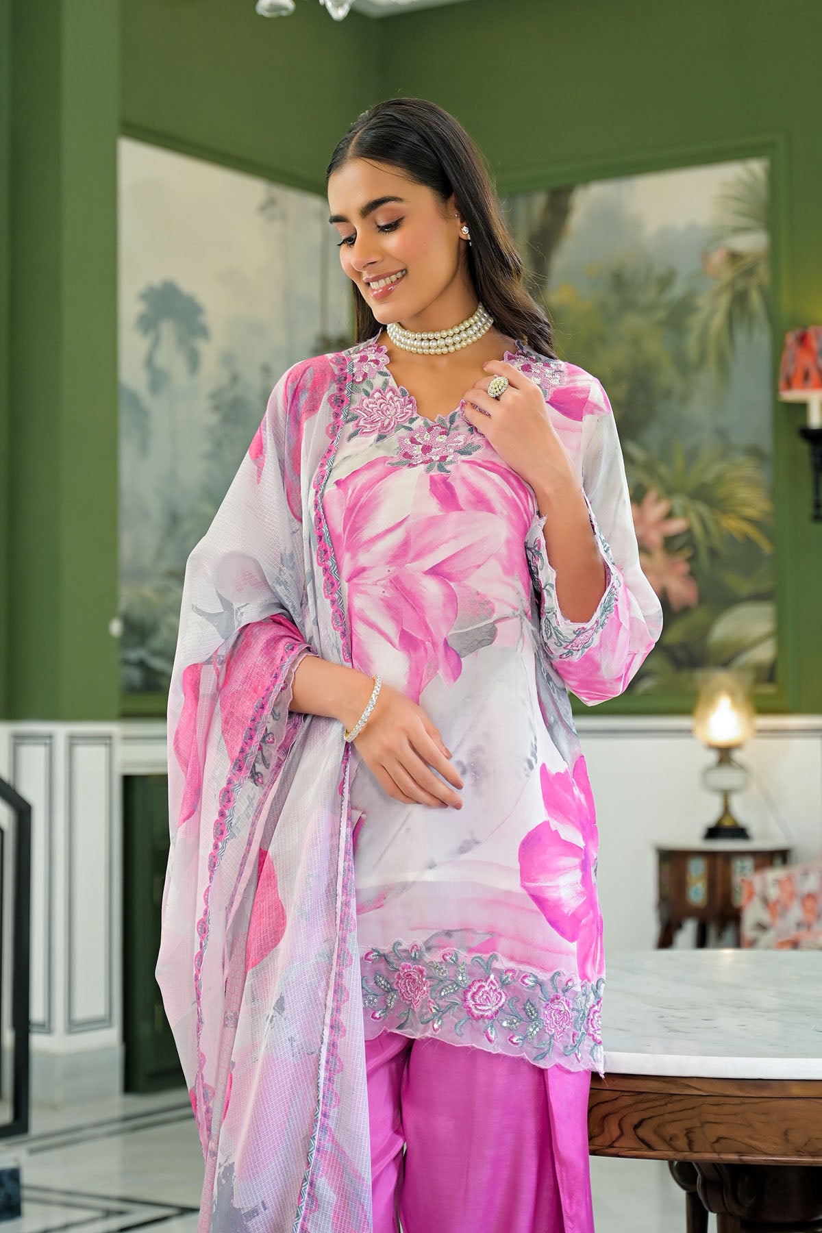 Pink Chinon Embroidered Farsi Salwar Set