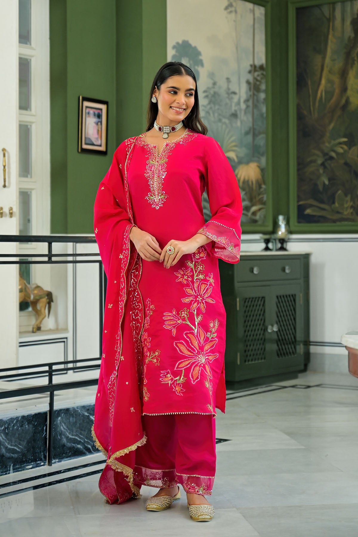 Pink Chanderi Embroidered Pakistani Suit