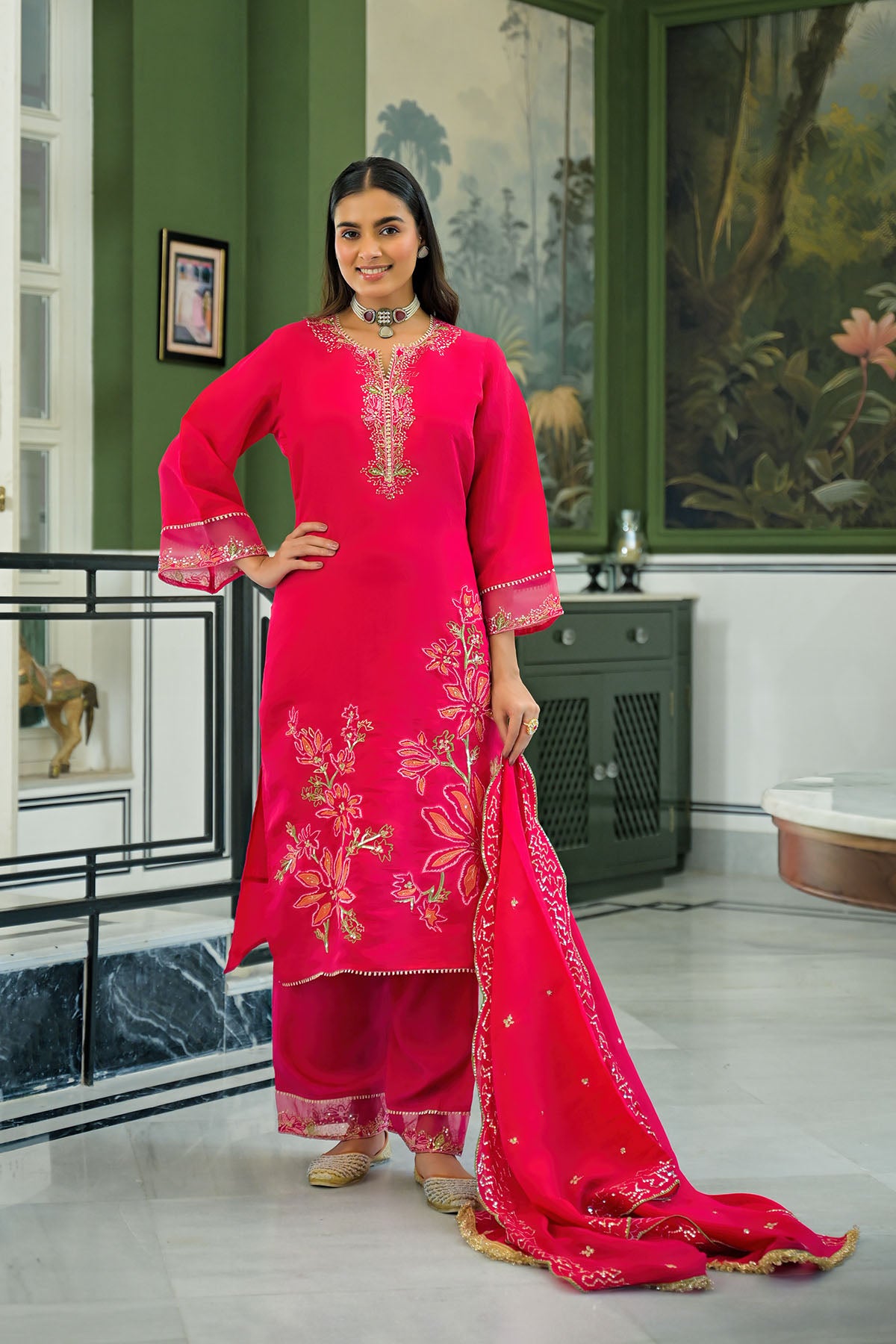 Pink Chanderi Embroidered Pakistani Suit