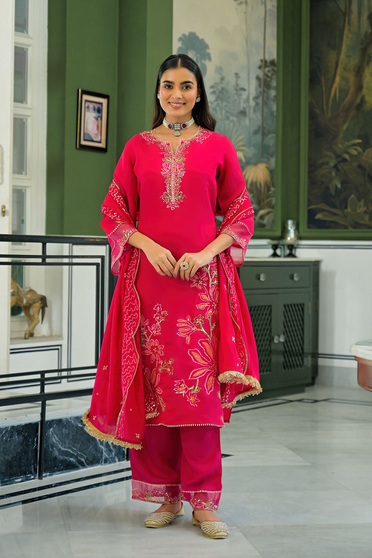 Pink Chanderi Embroidered Pakistani Suit