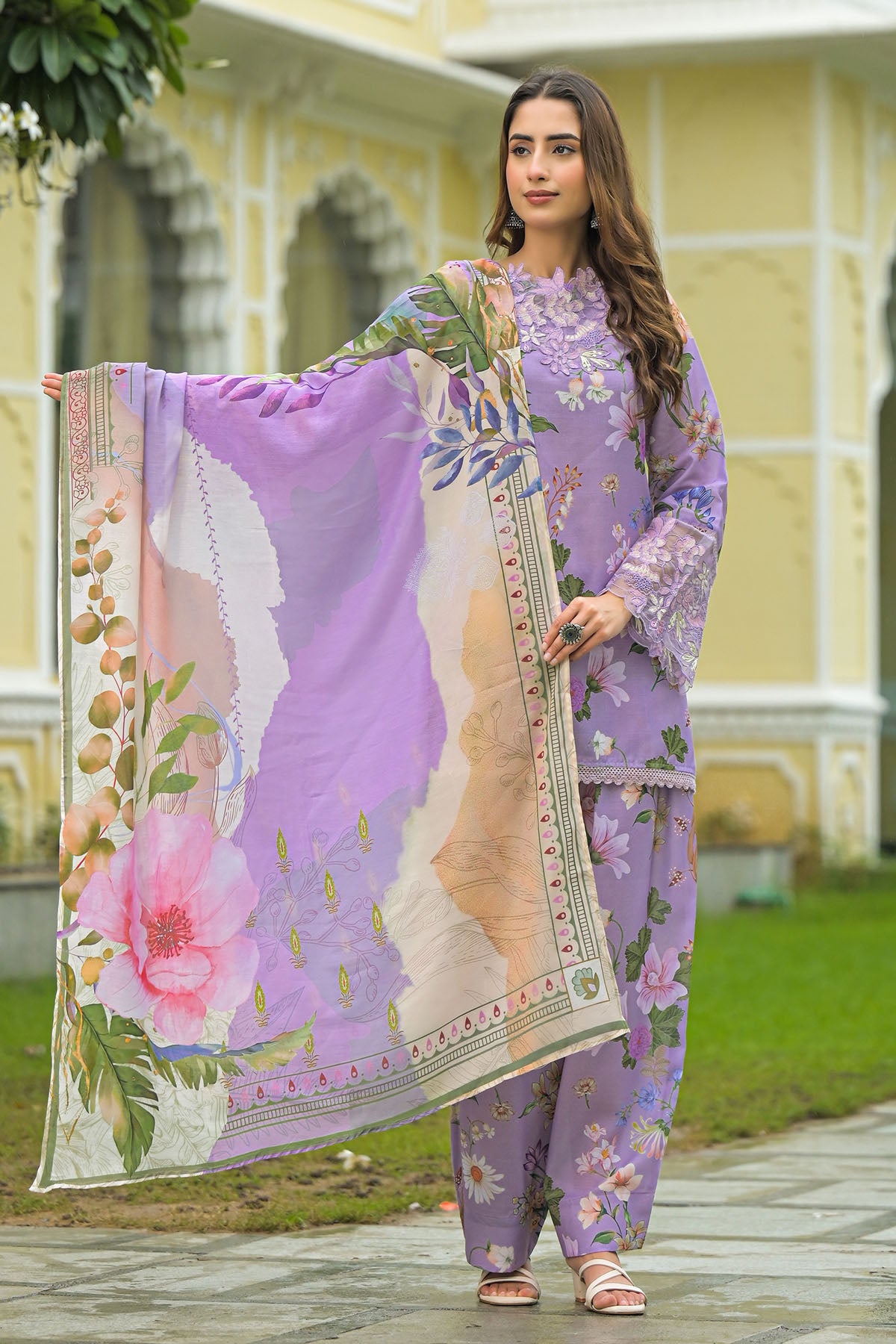 Lavender Solid Cotton Embroidered Farsi Salwar Set