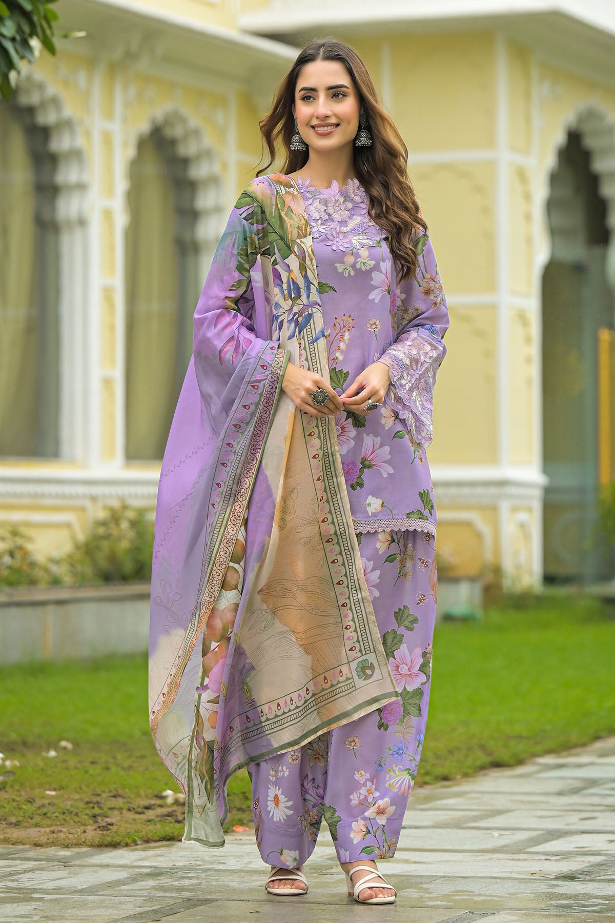 Lavender Solid Cotton Embroidered Farsi Salwar Set