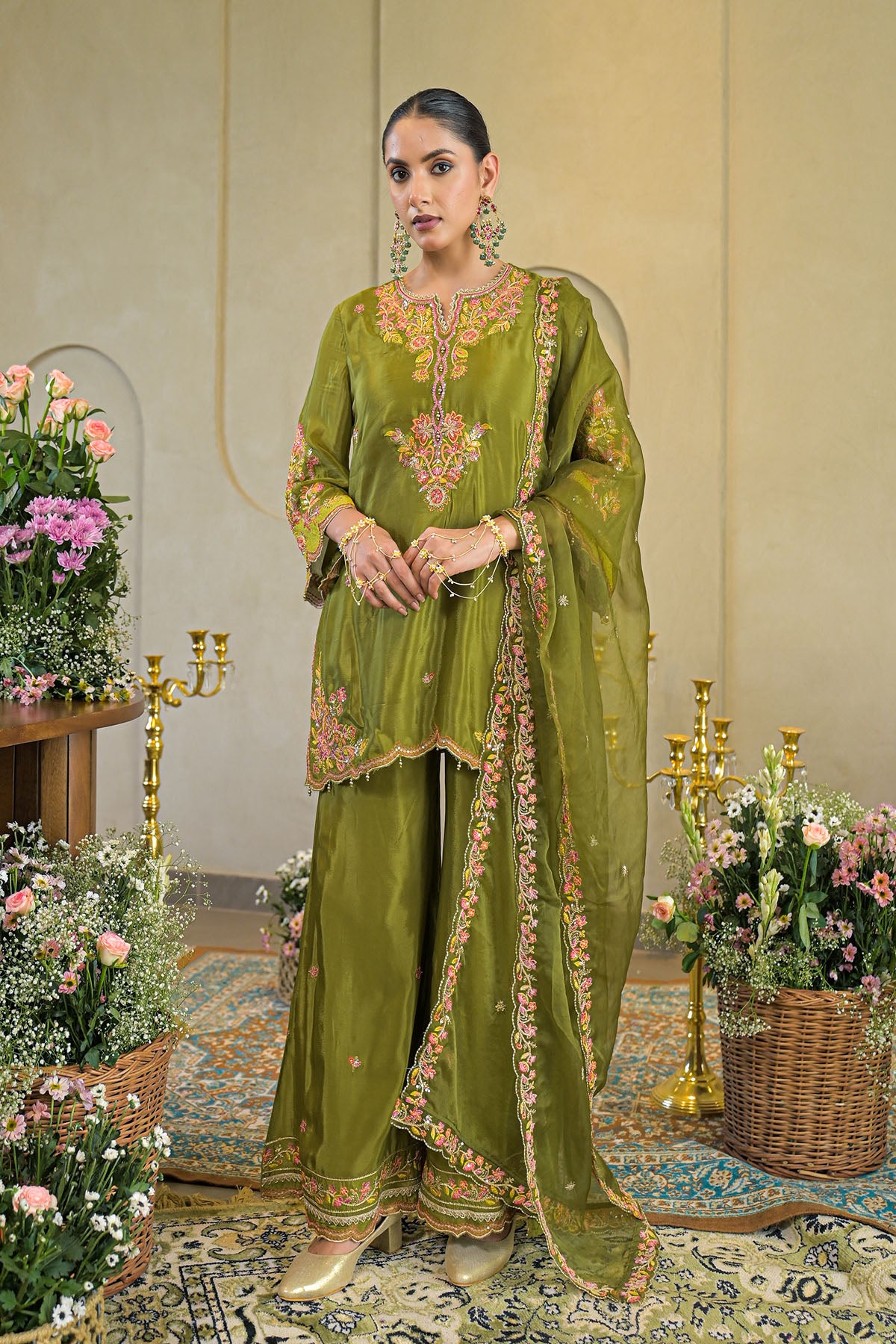 Green Chinon Embroidered Suit Set