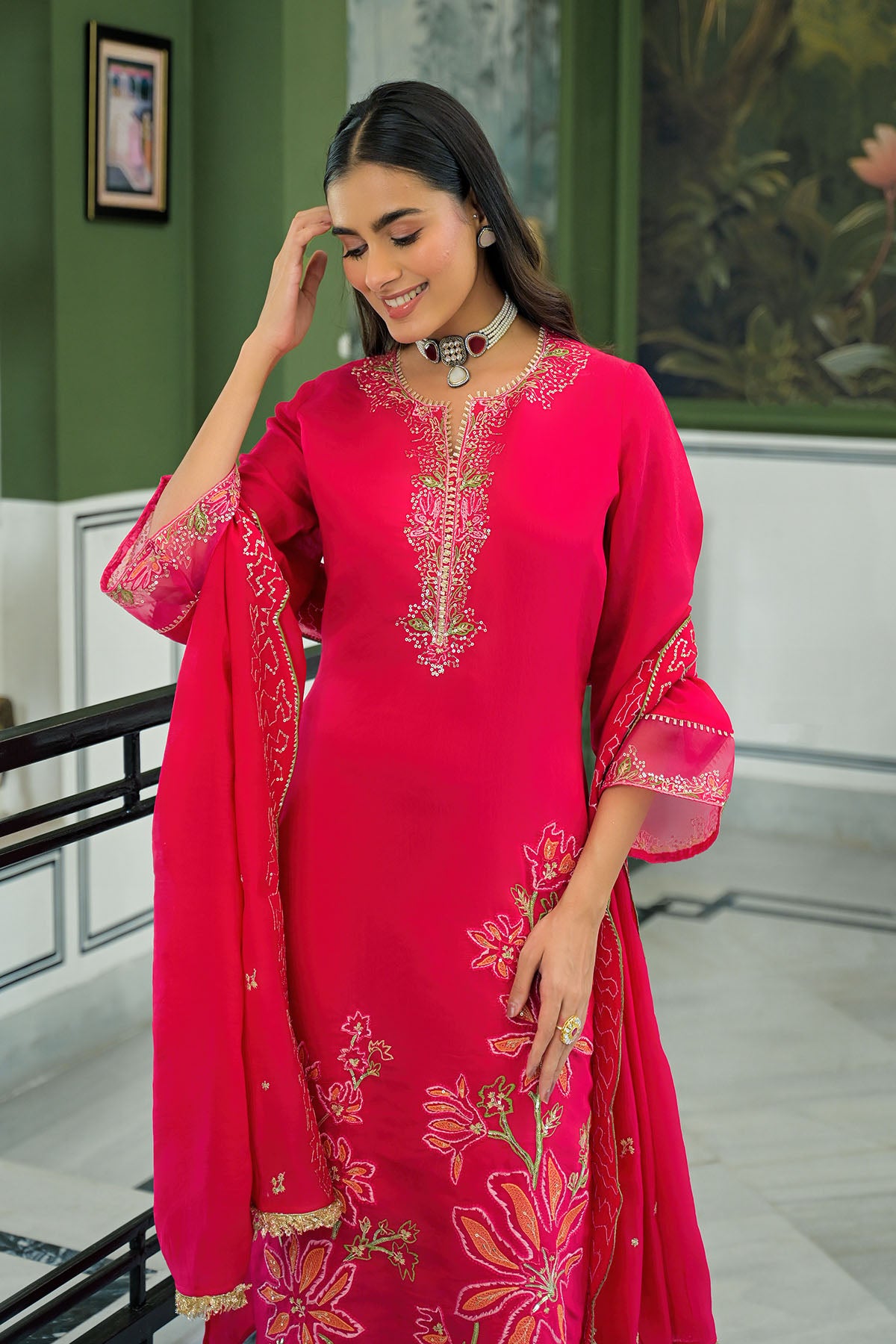 Pink Chanderi Embroidered Pakistani Suit