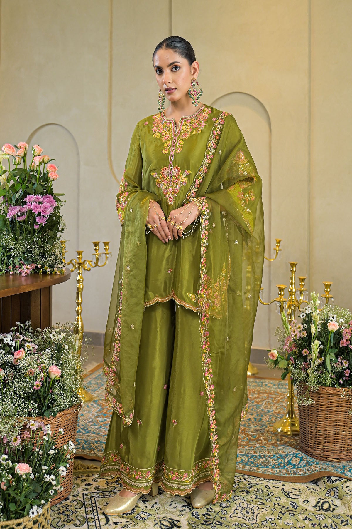 Green Chinon Embroidered Suit Set