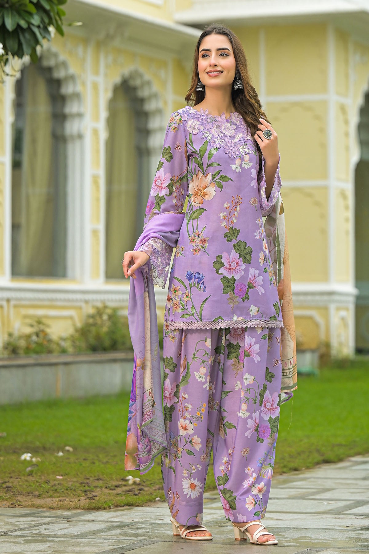Lavender Solid Cotton Embroidered Farsi Salwar Set