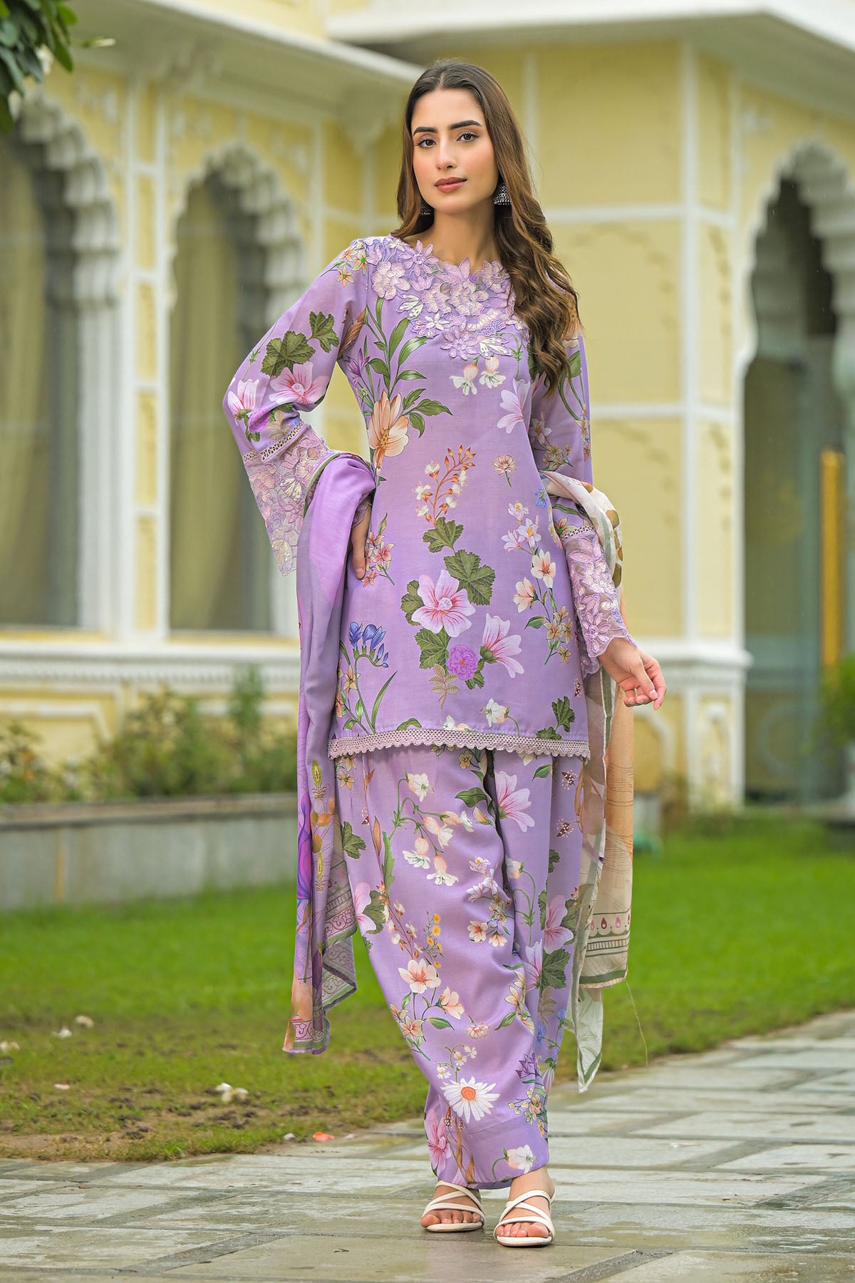 Lavender Solid Cotton Embroidered Farsi Salwar Set