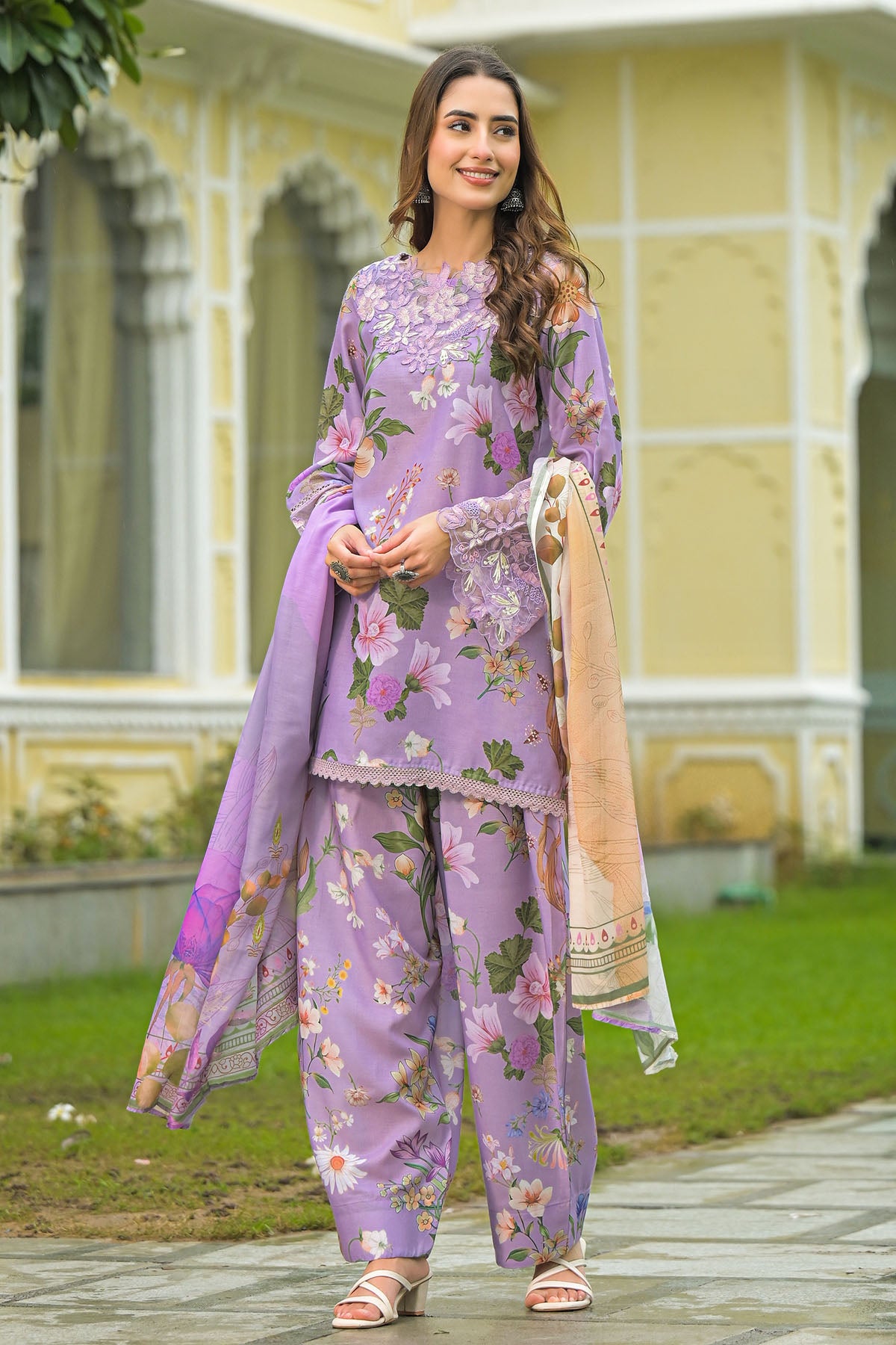 Lavender Solid Cotton Embroidered Farsi Salwar Set