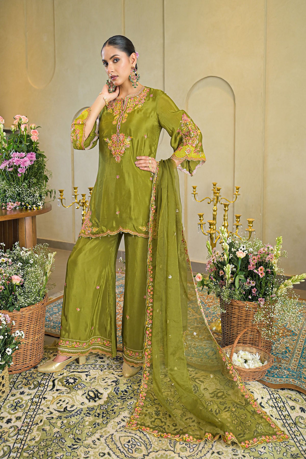Green Chinon Embroidered Suit Set