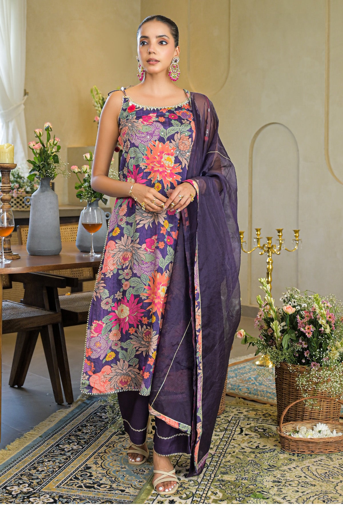 Purple Chinon Gotapatti Straight Cut Suit Set | Bairaas