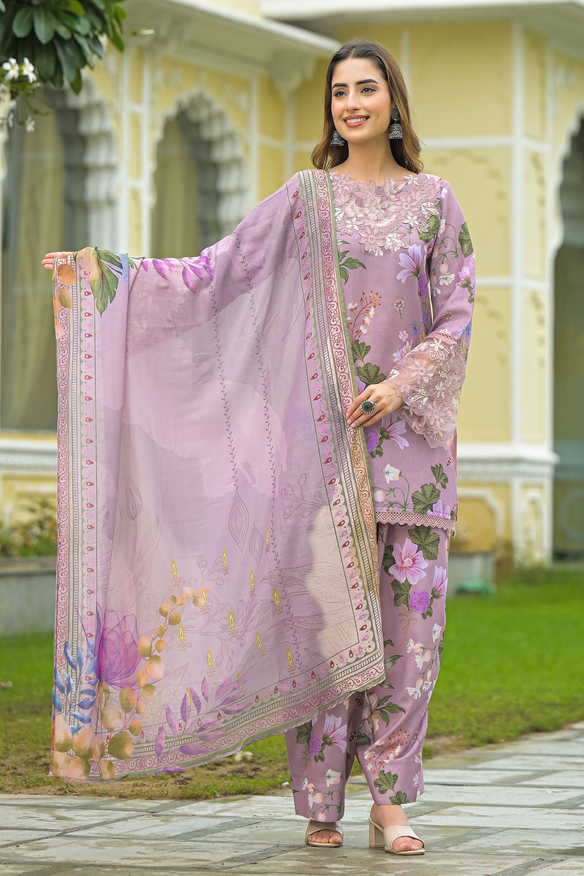Onion Solid Cotton Embroidered Farsi Salwar Set