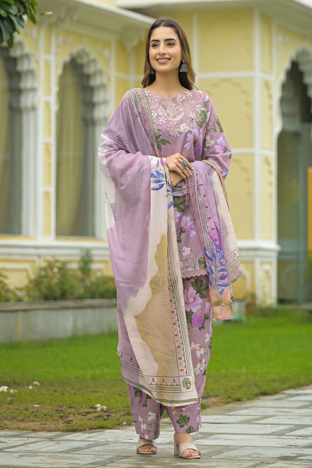 Onion Solid Cotton Embroidered Farsi Salwar Set