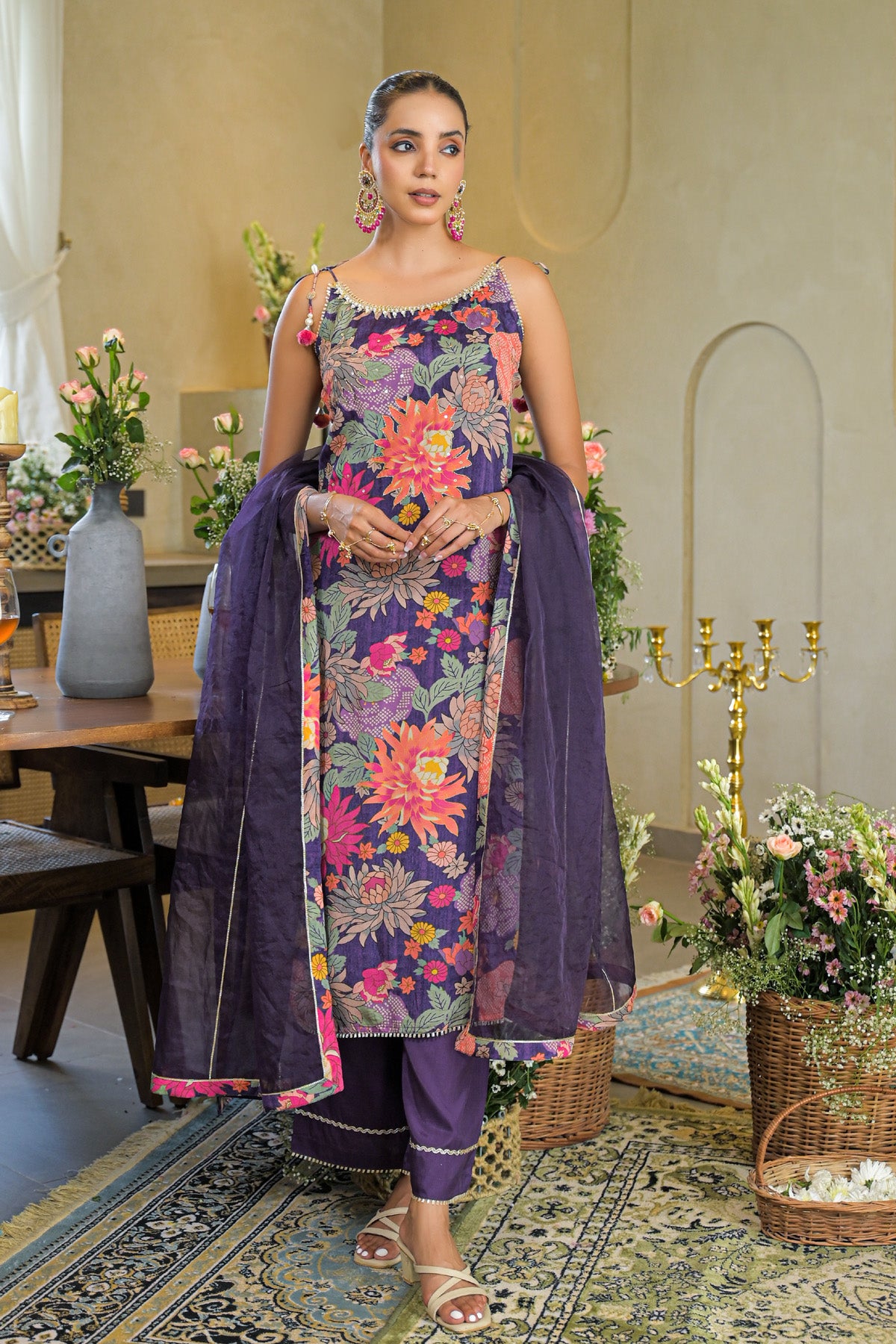 Purple Chinon Gotapatti Straight Cut Suit Set | Bairaas
