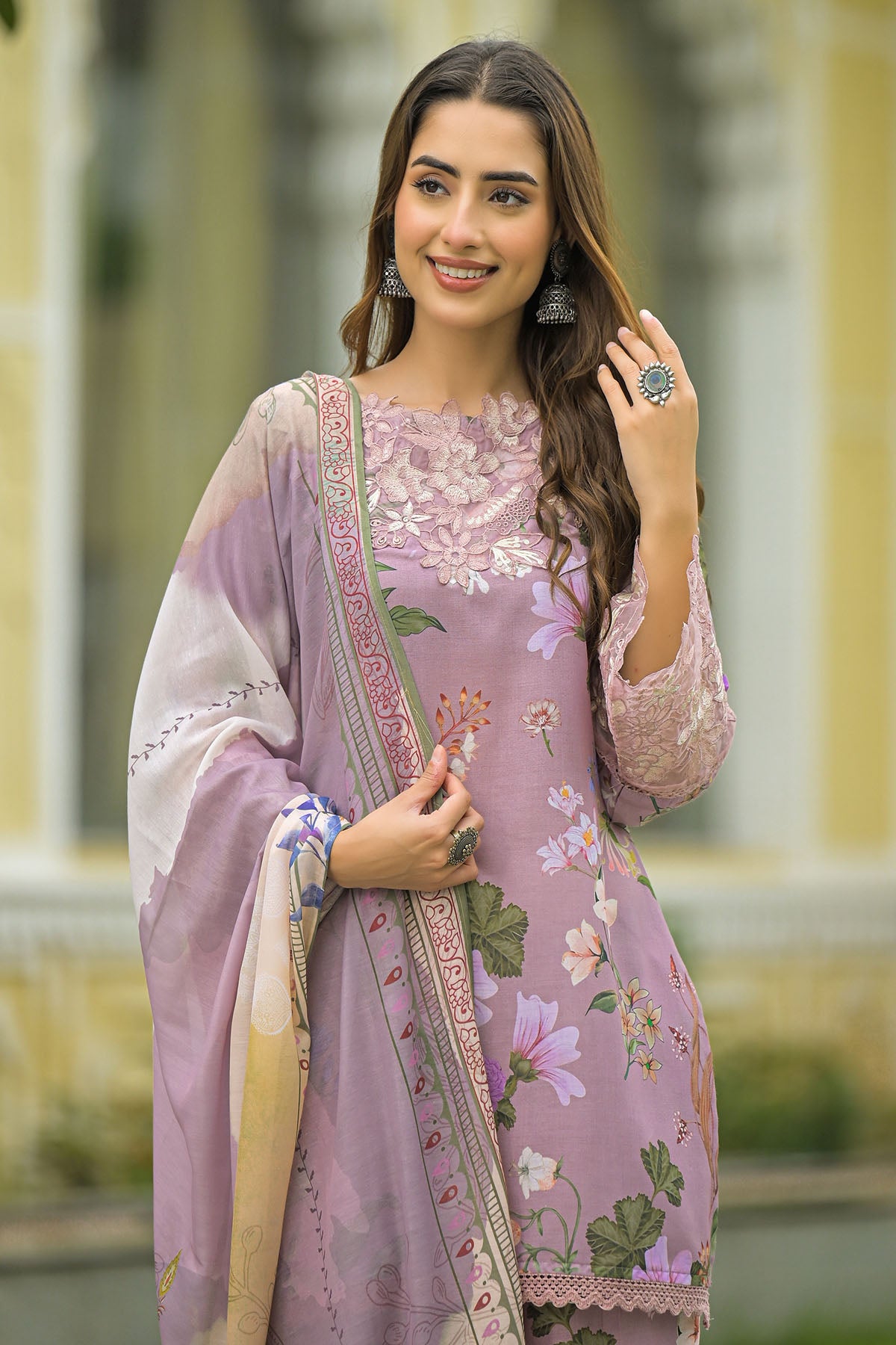 Onion Solid Cotton Embroidered Farsi Salwar Set